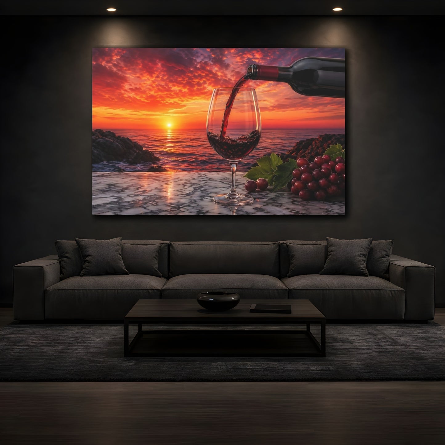 Mockup 4. Nature Wine Glass Red Wine Sunset shown as stretched canvas wall art