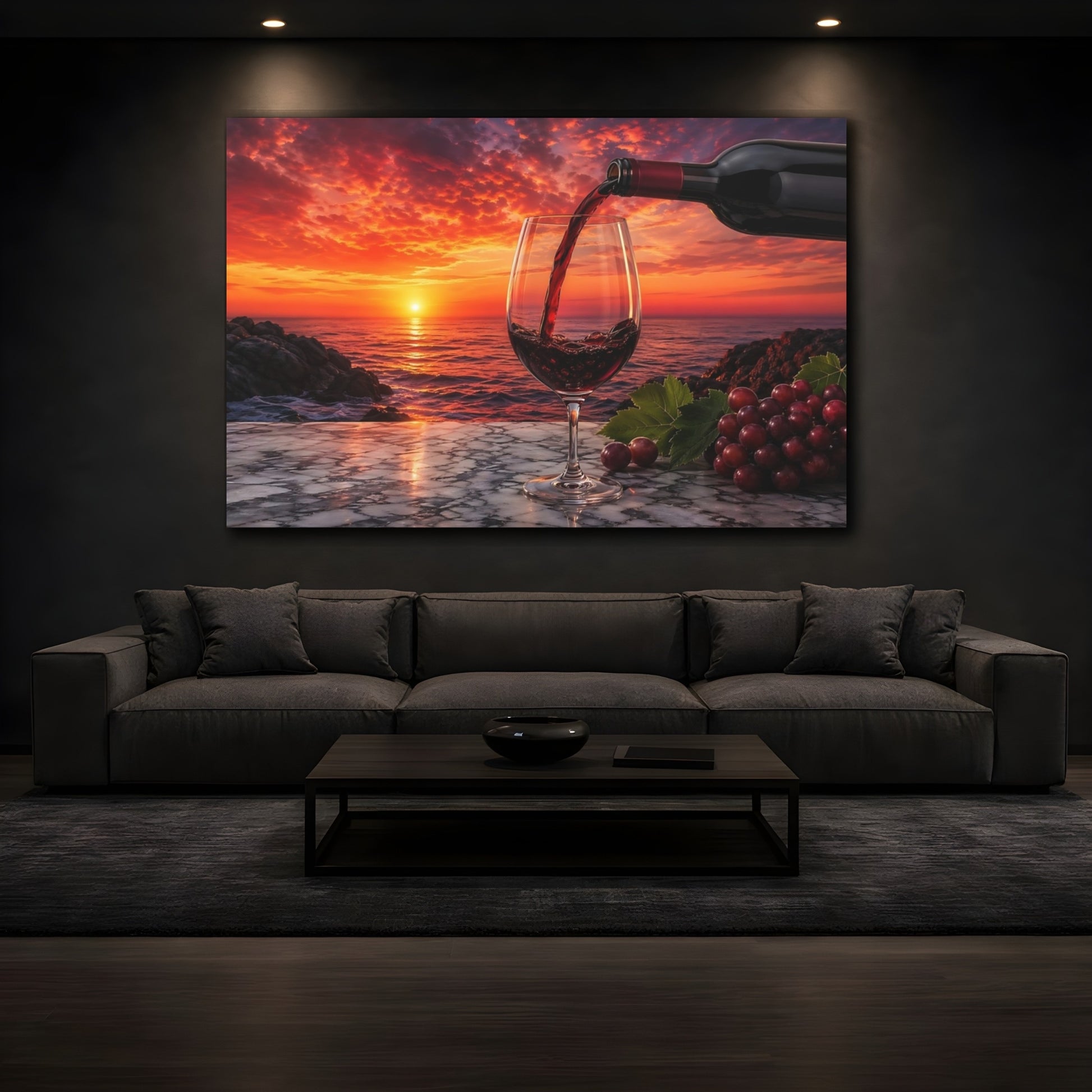 Mockup 4. Nature Wine Glass Red Wine Sunset shown as stretched canvas wall art