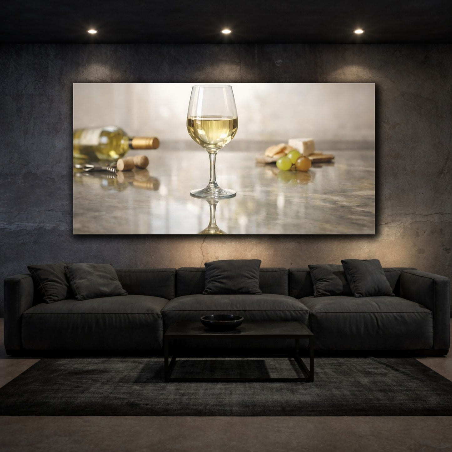 Mockup 2. Nature Wine Glass White Wine And Cheese shown as stretched canvas wall art