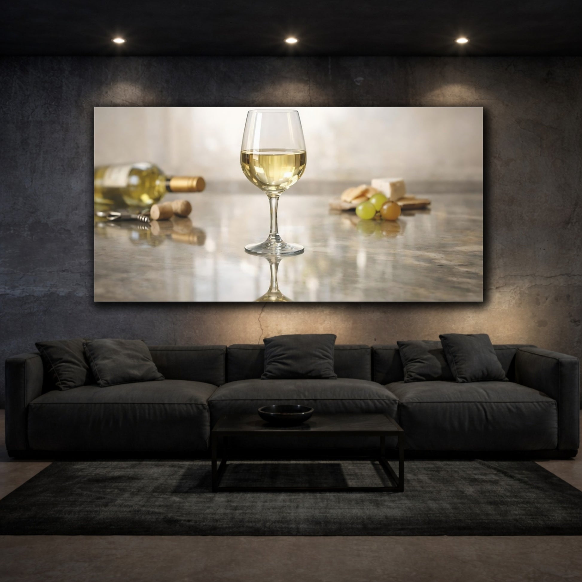 Mockup 2. Nature Wine Glass White Wine And Cheese shown as stretched canvas wall art
