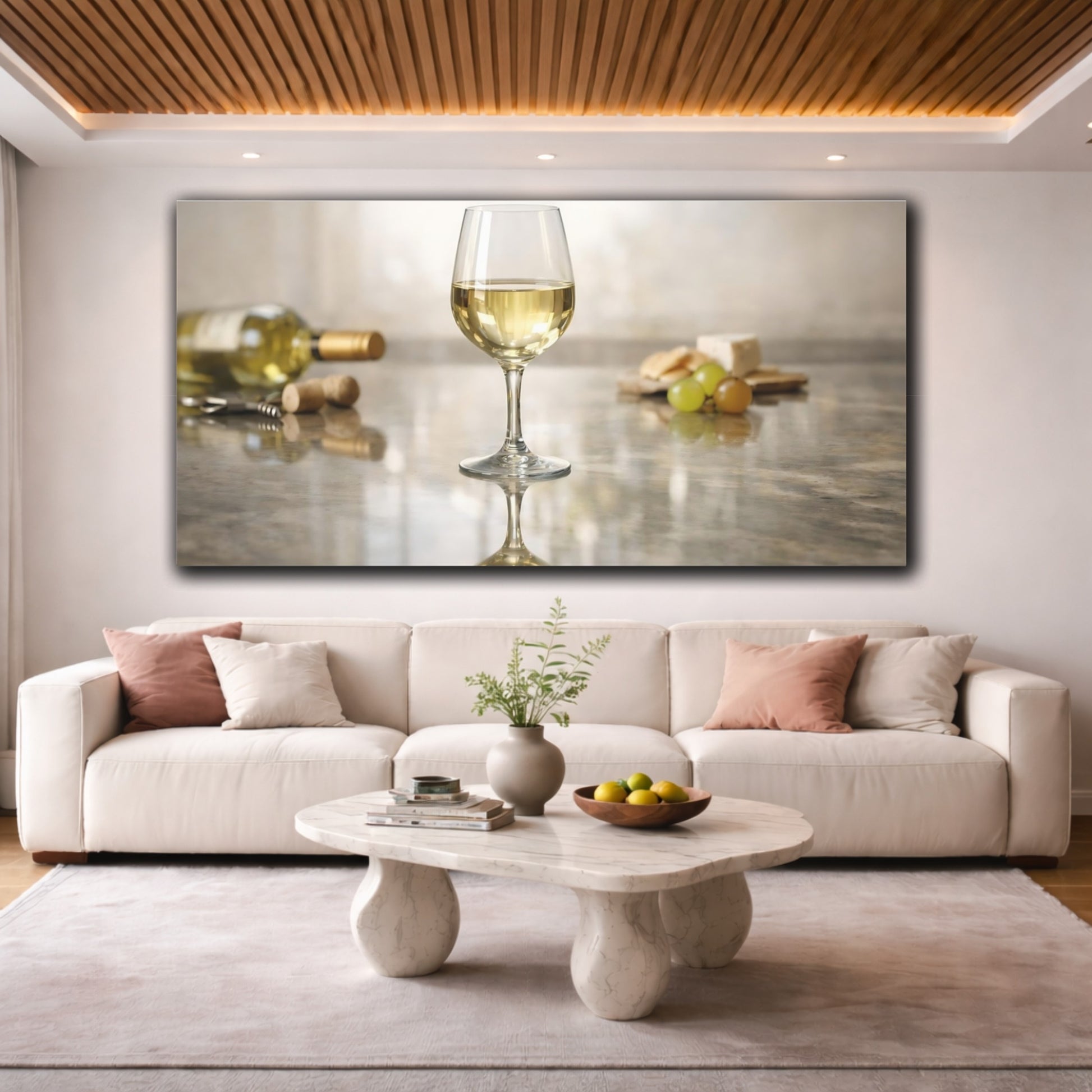Mockup 3. Nature Wine Glass White Wine And Cheese shown as stretched canvas wall art