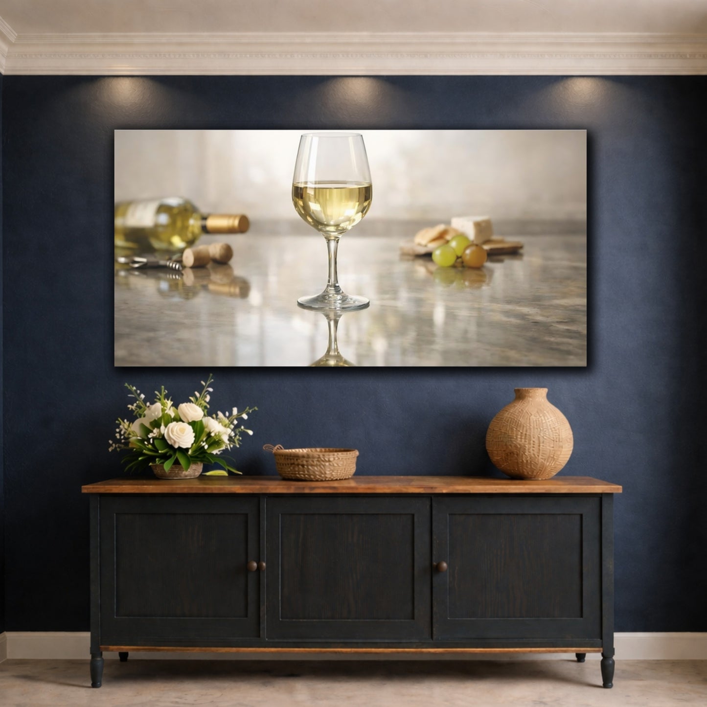 Mockup 4. Nature Wine Glass White Wine And Cheese shown as stretched canvas wall art