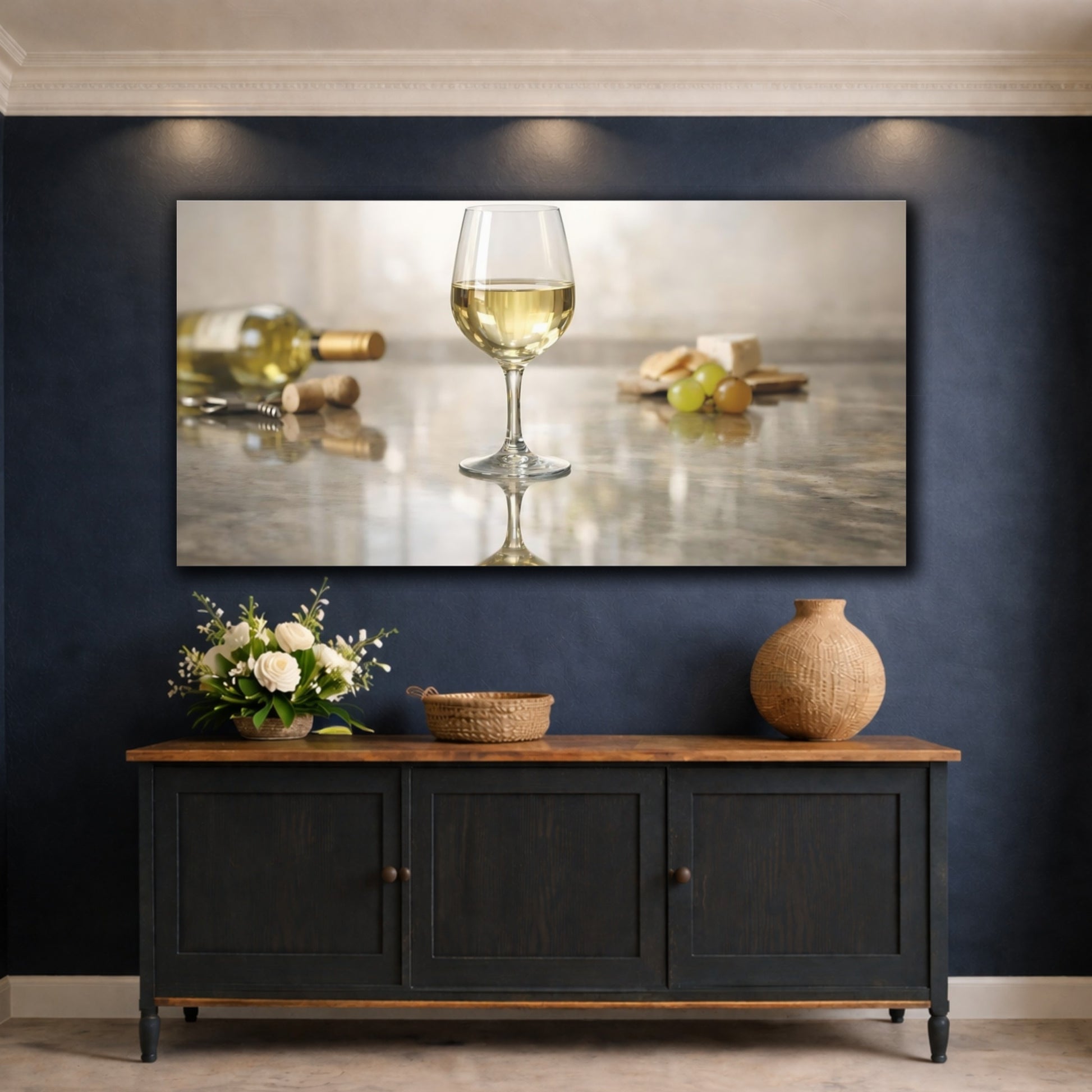 Mockup 4. Nature Wine Glass White Wine And Cheese shown as stretched canvas wall art