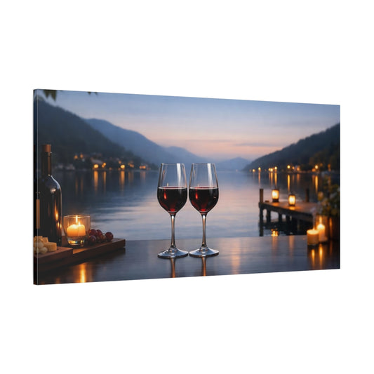 Main Mockup. Nature Wine Glasses Dusk Lake View shown as stretched canvas wall art