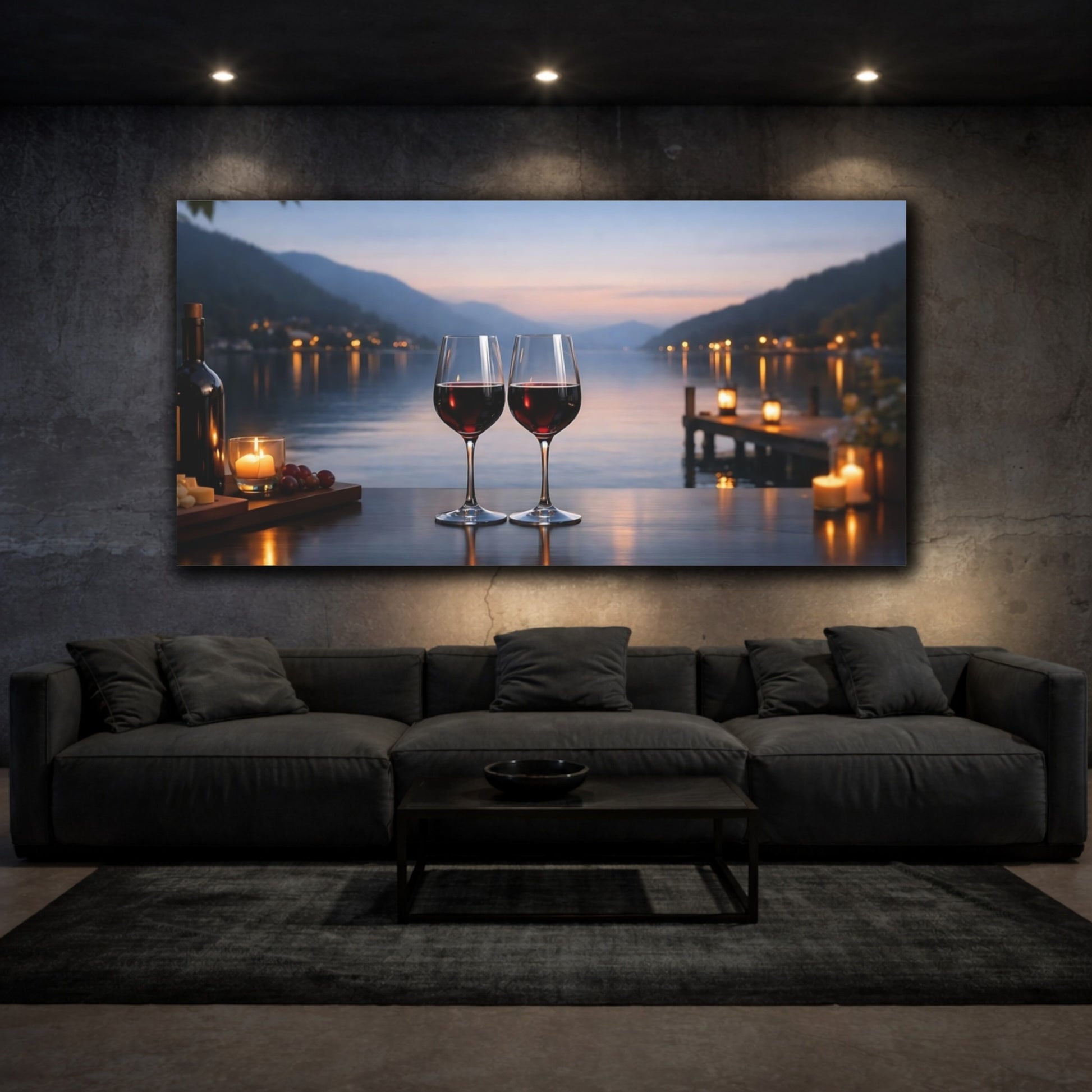Mockup 2. Nature Wine Glasses Dusk Lake View shown as stretched canvas wall art