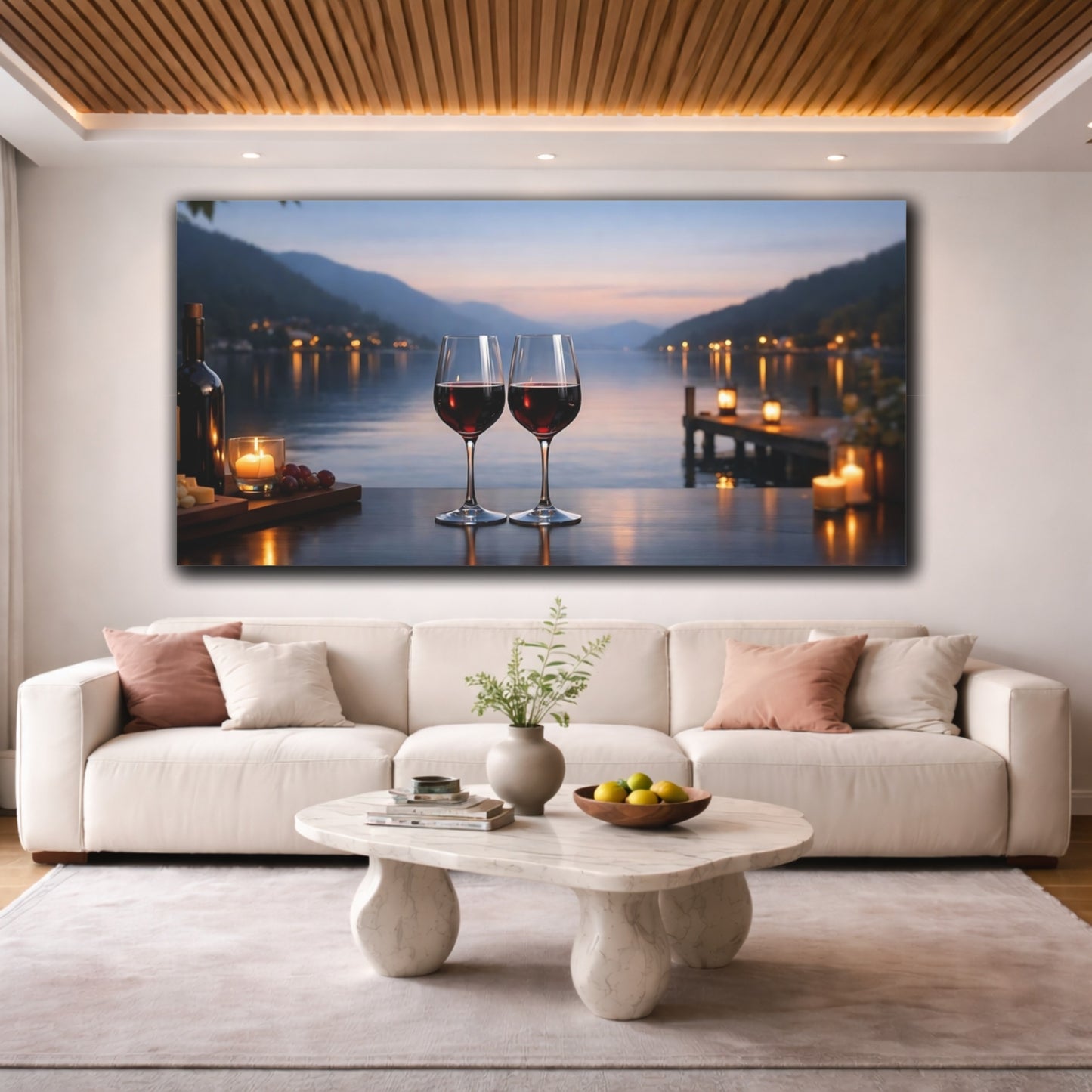Mockup 3. Nature Wine Glasses Dusk Lake View shown as stretched canvas wall art