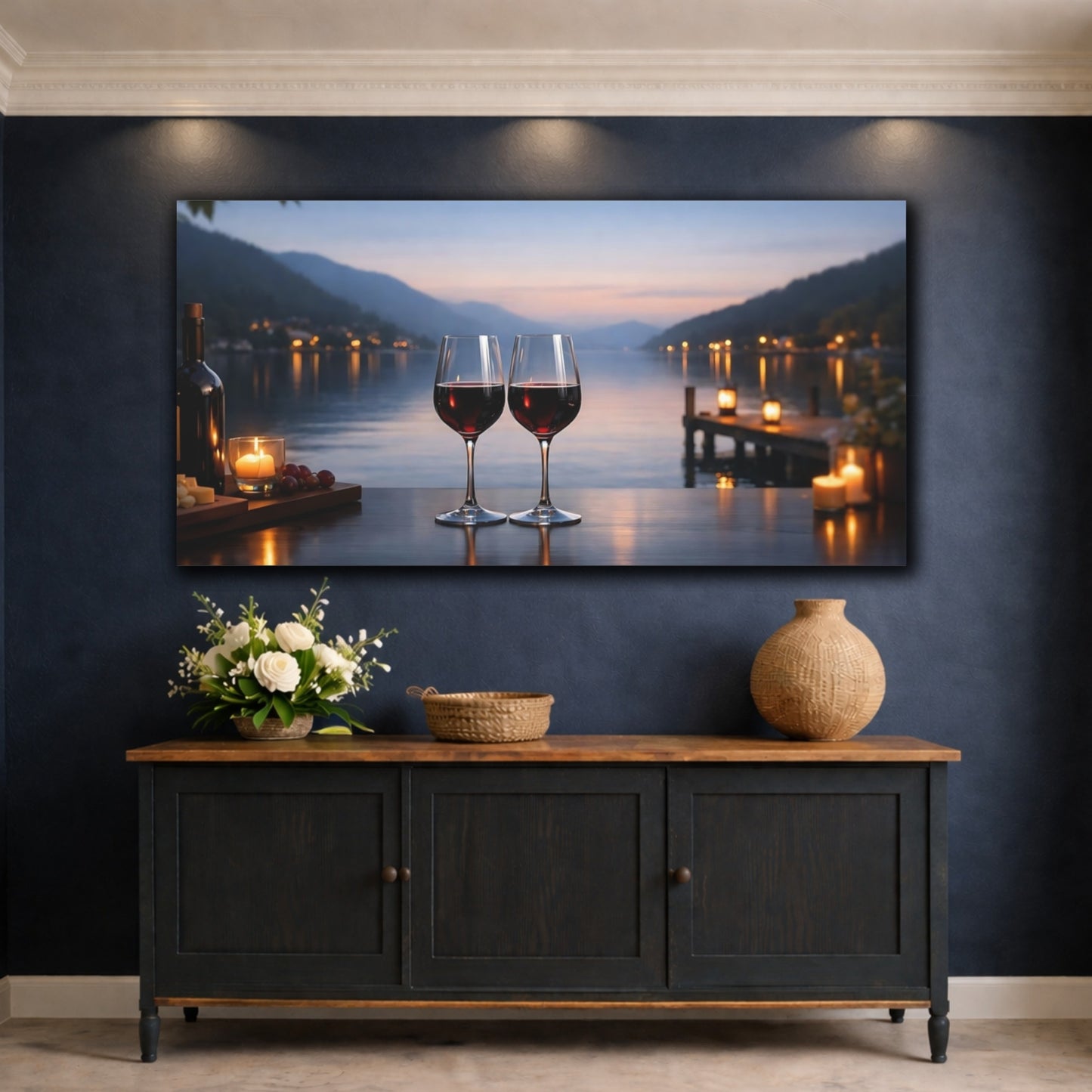 Mockup 4. Nature Wine Glasses Dusk Lake View shown as stretched canvas wall art