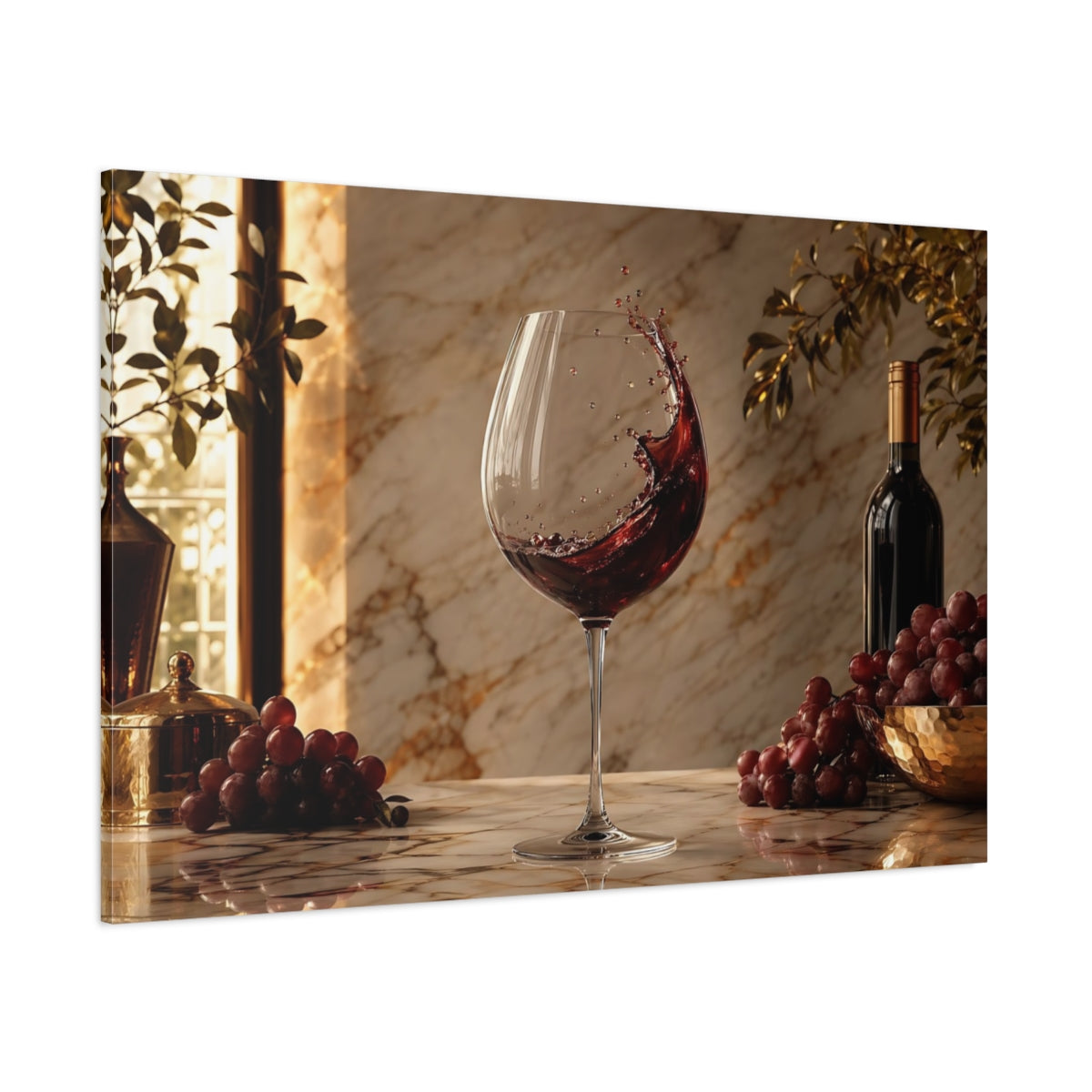 Side Mockup 1. Nature Wine Splash Wine And Grapes shown as stretched canvas wall art