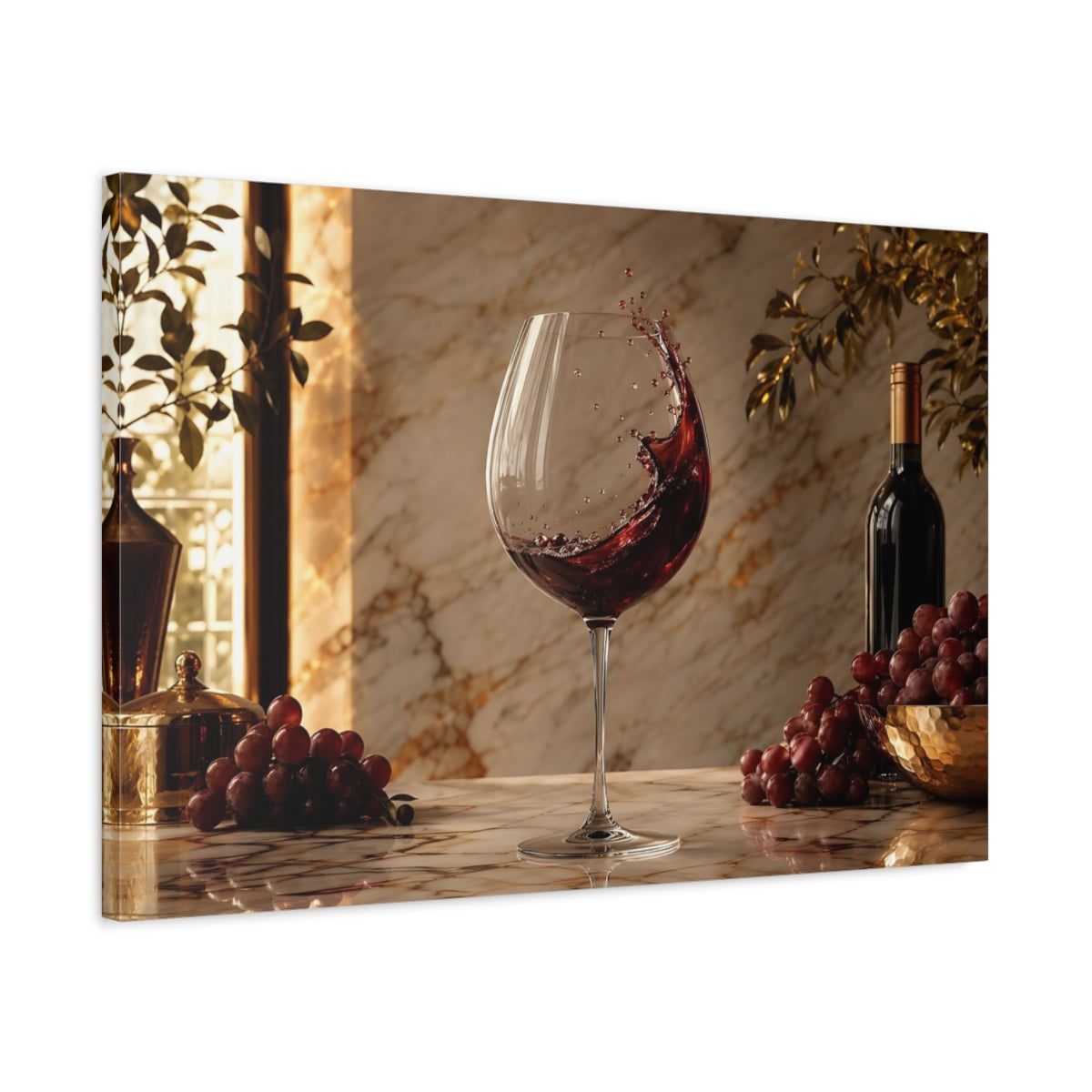 Side Mockup 2. Nature Wine Splash Wine And Grapes shown as stretched canvas wall art