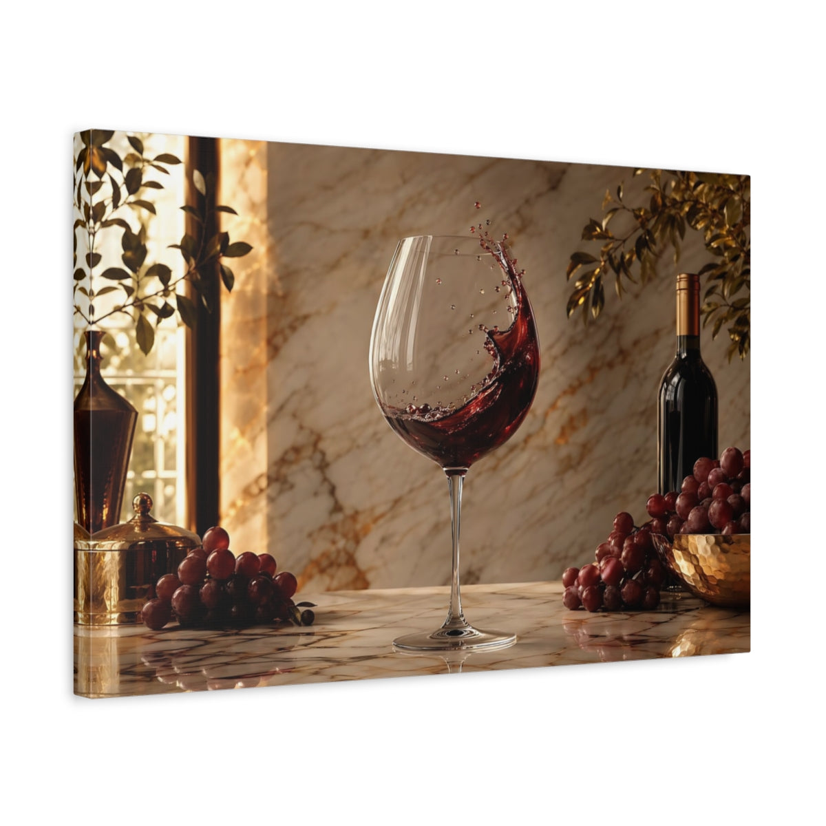 Side Mockup 3. Nature Wine Splash Wine And Grapes shown as stretched canvas wall art