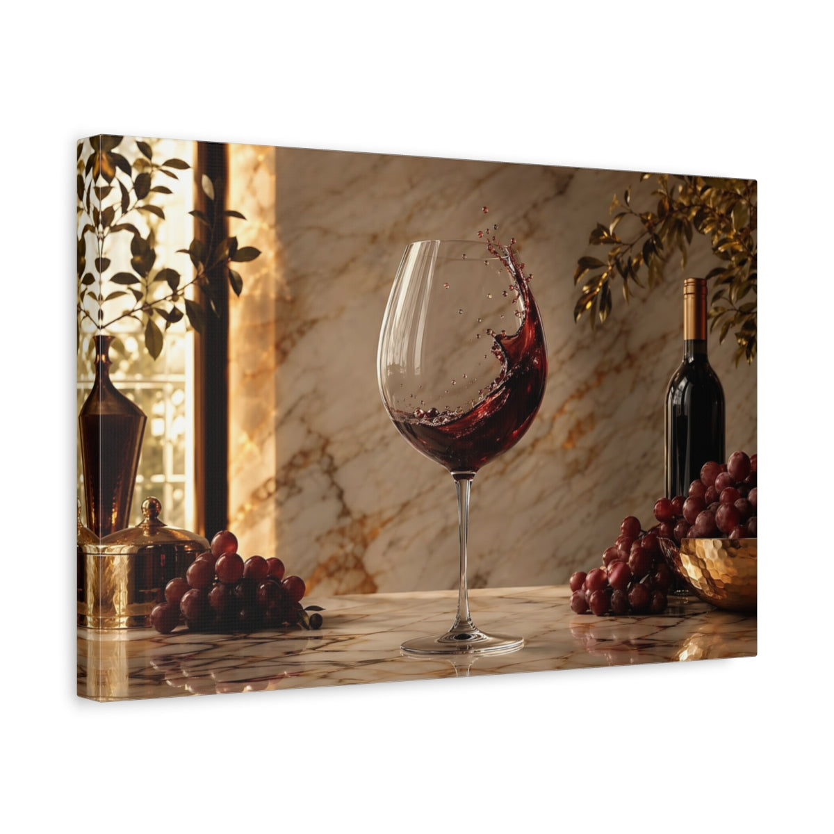 Side Mockup 4. Nature Wine Splash Wine And Grapes shown as stretched canvas wall art