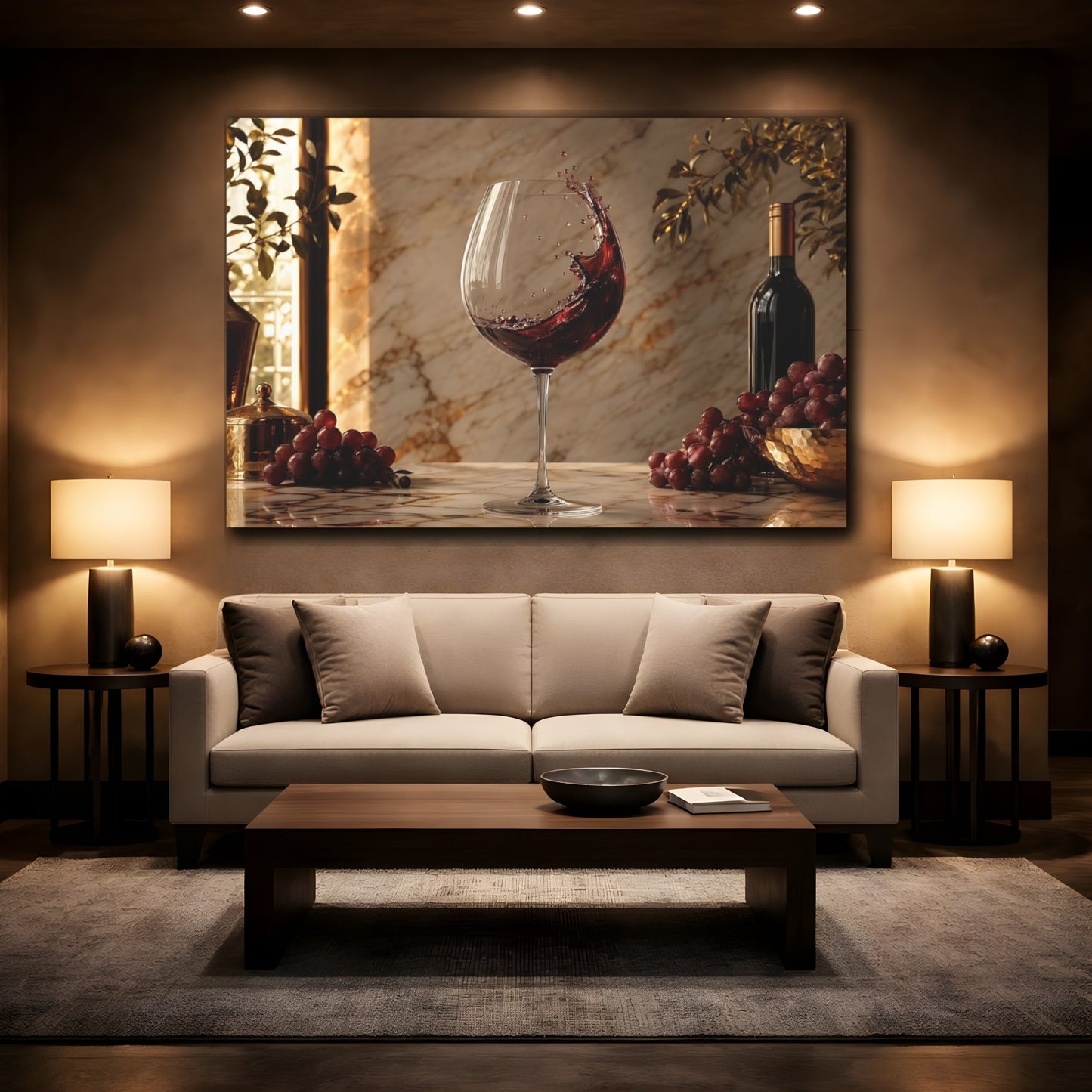 Mockup 2. Nature Wine Splash Wine And Grapes shown as stretched canvas wall art