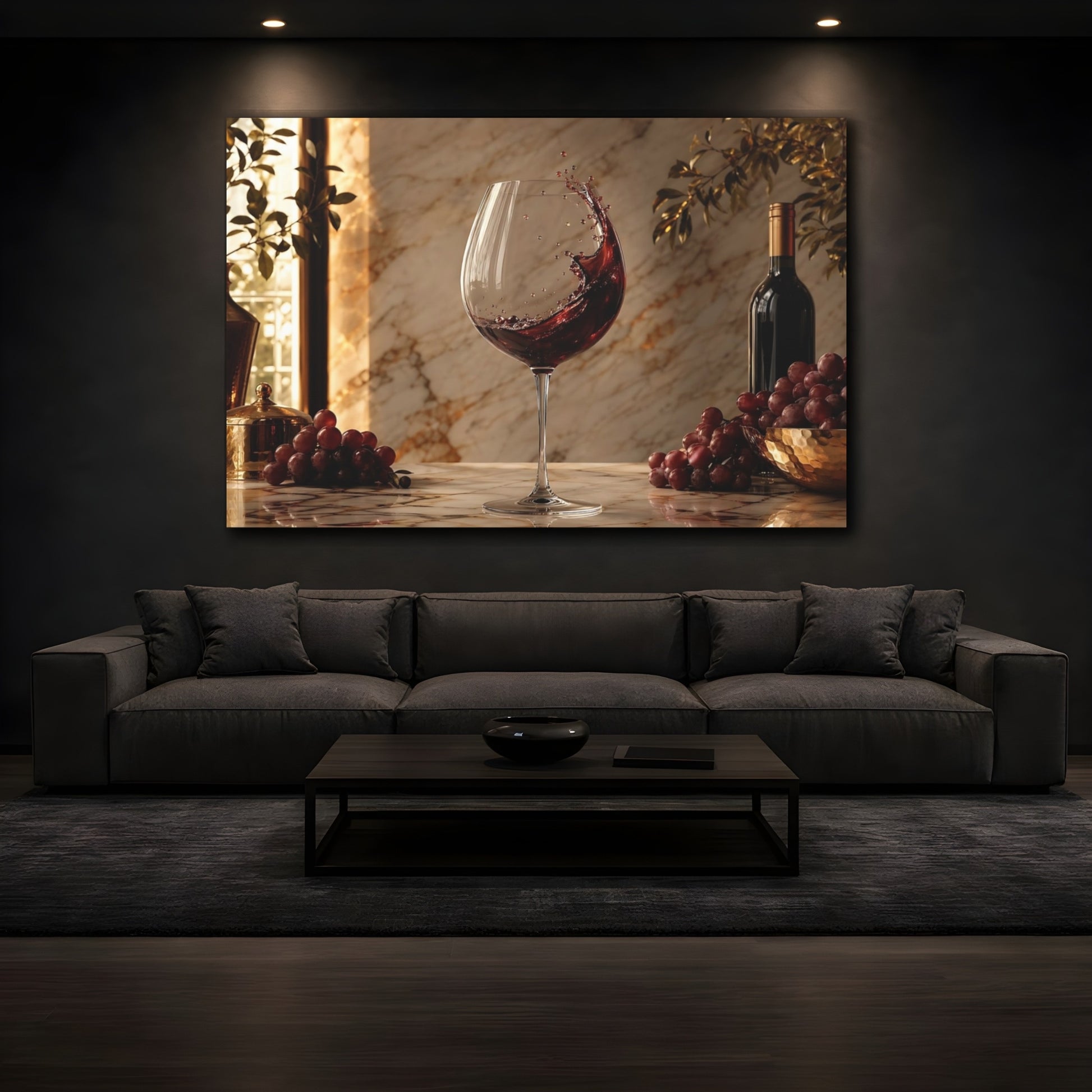 Mockup 3. Nature Wine Splash Wine And Grapes shown as stretched canvas wall art