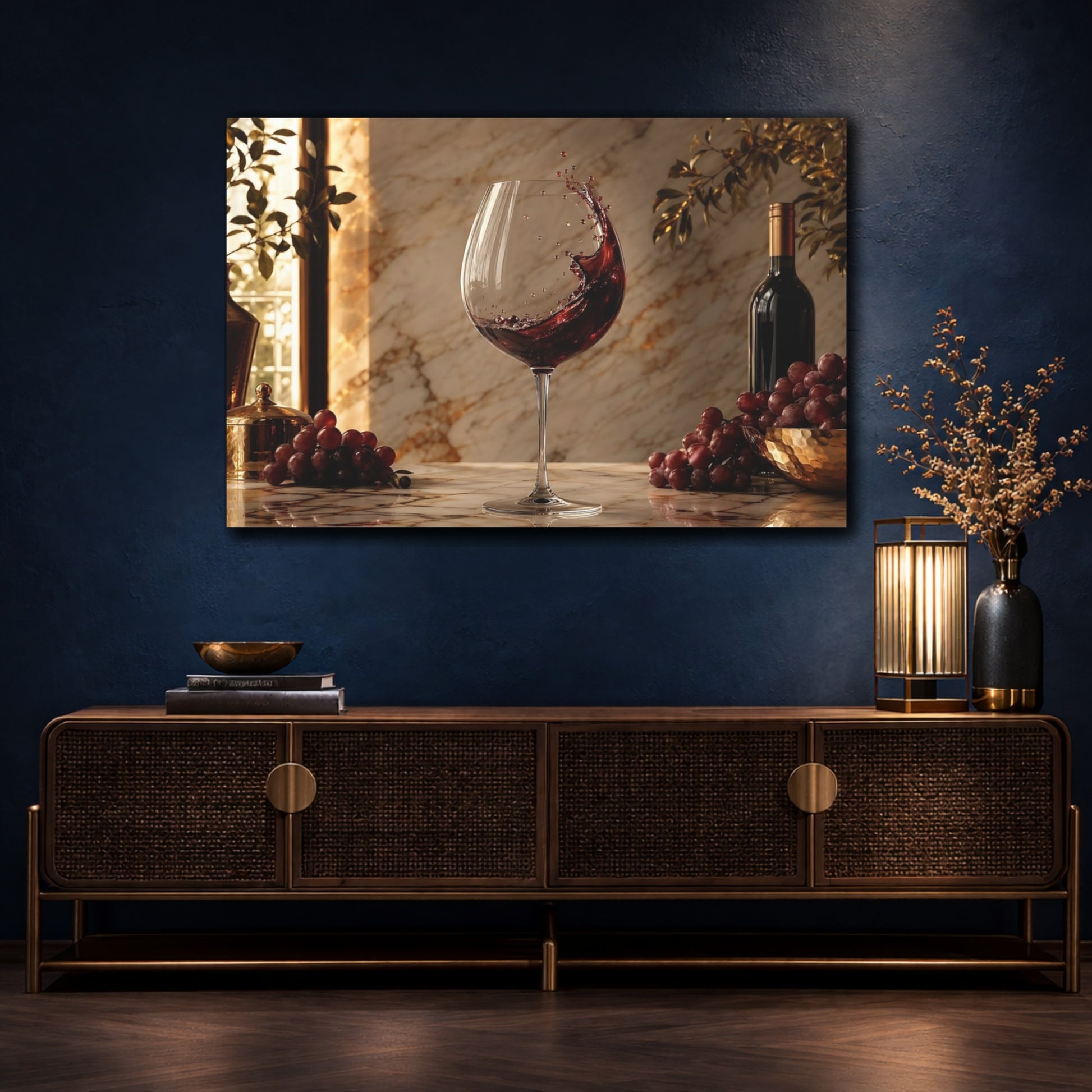 Mockup 4. Nature Wine Splash Wine And Grapes shown as stretched canvas wall art