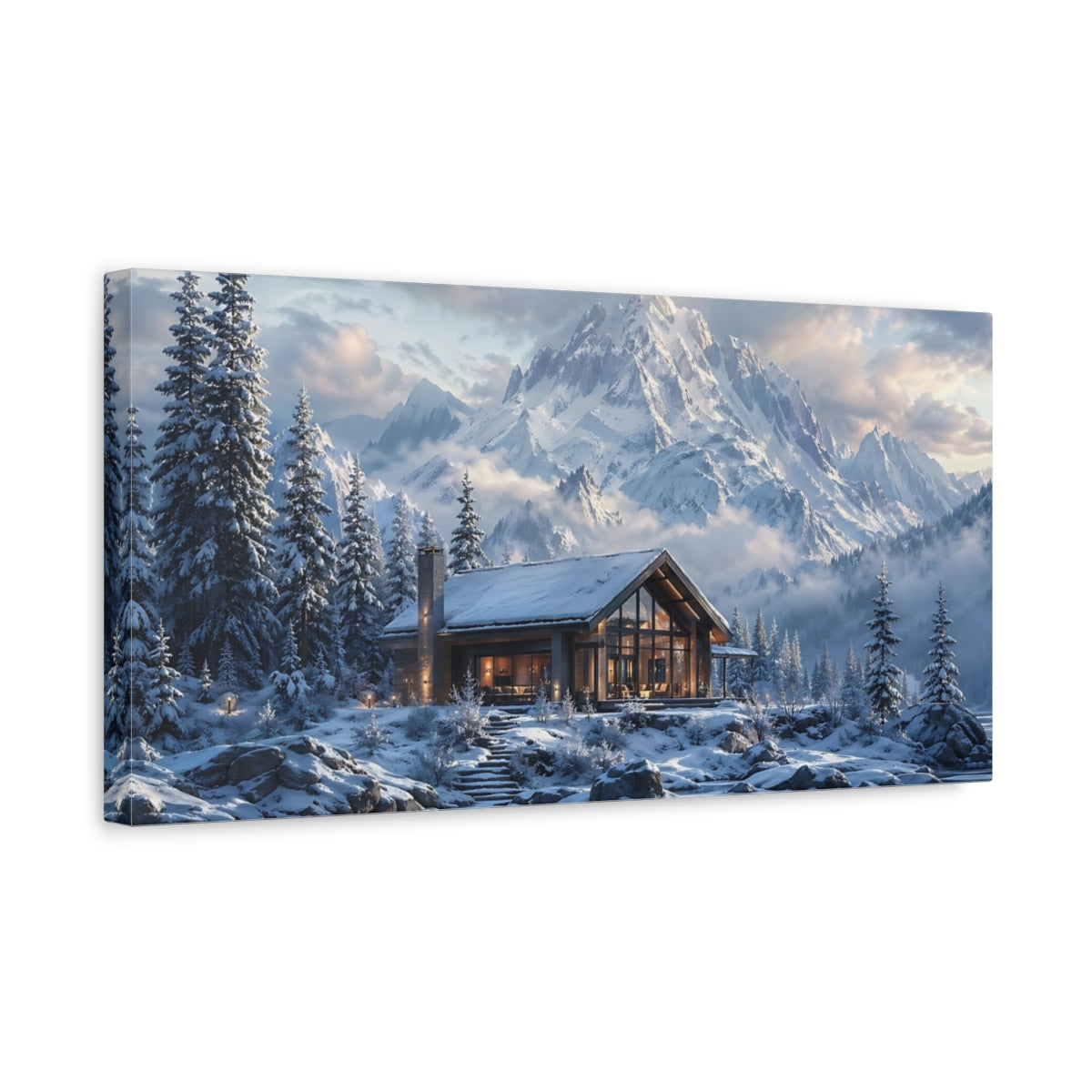 Side Mockup 3. Nature Winter Cabin Blue And White Landscape shown as stretched canvas wall art