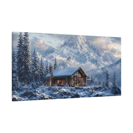 Main Mockup. Nature Winter Cabin Blue And White Landscape shown as stretched canvas wall art