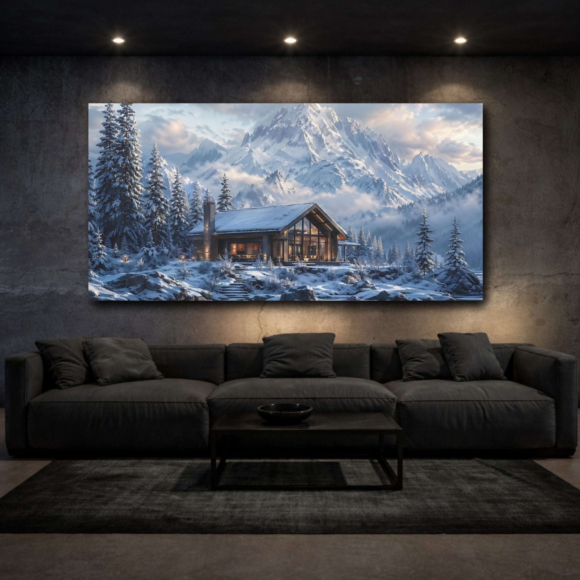 Mockup 2. Nature Winter Cabin Blue And White Landscape shown as stretched canvas wall art