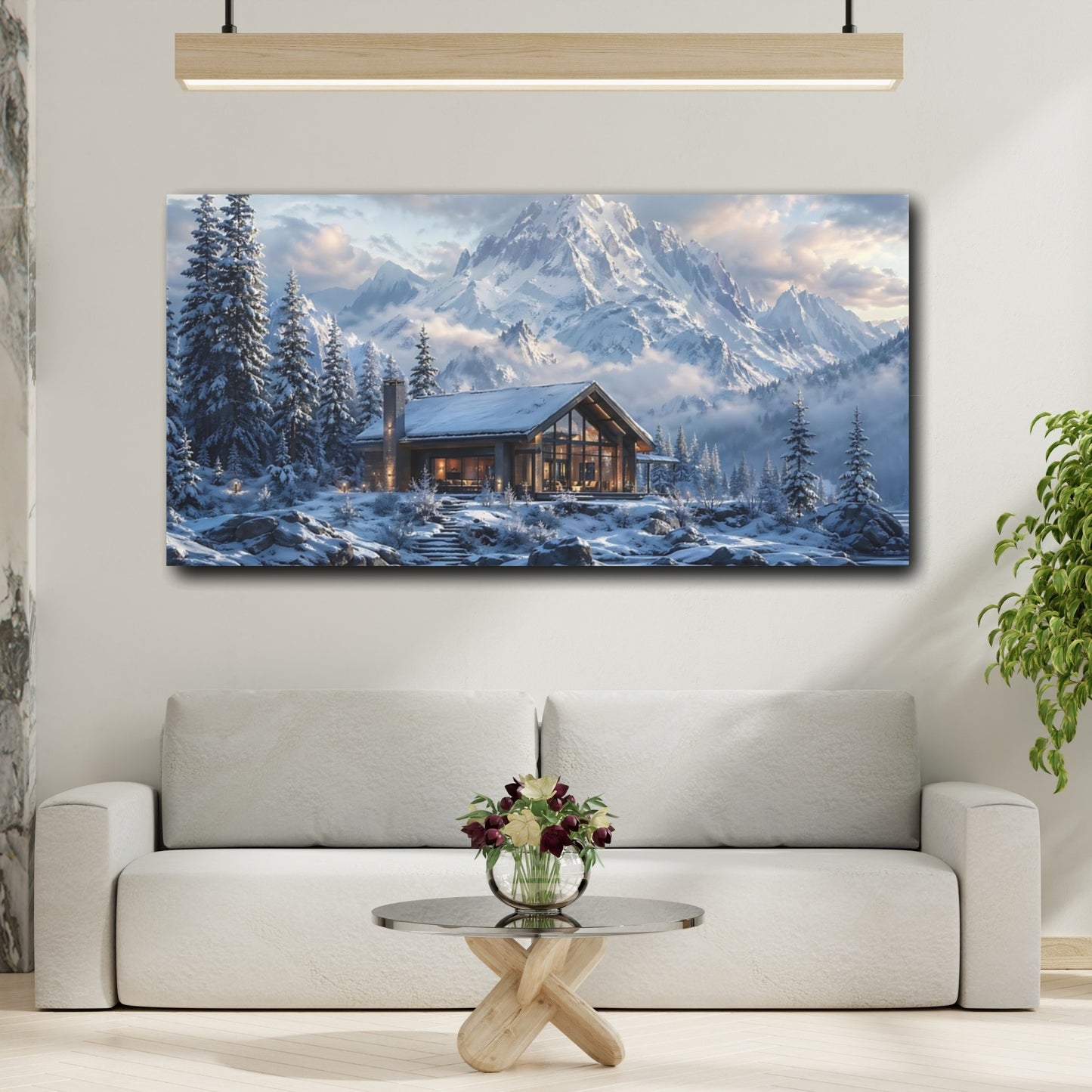 Mockup 3. Nature Winter Cabin Blue And White Landscape shown as stretched canvas wall art