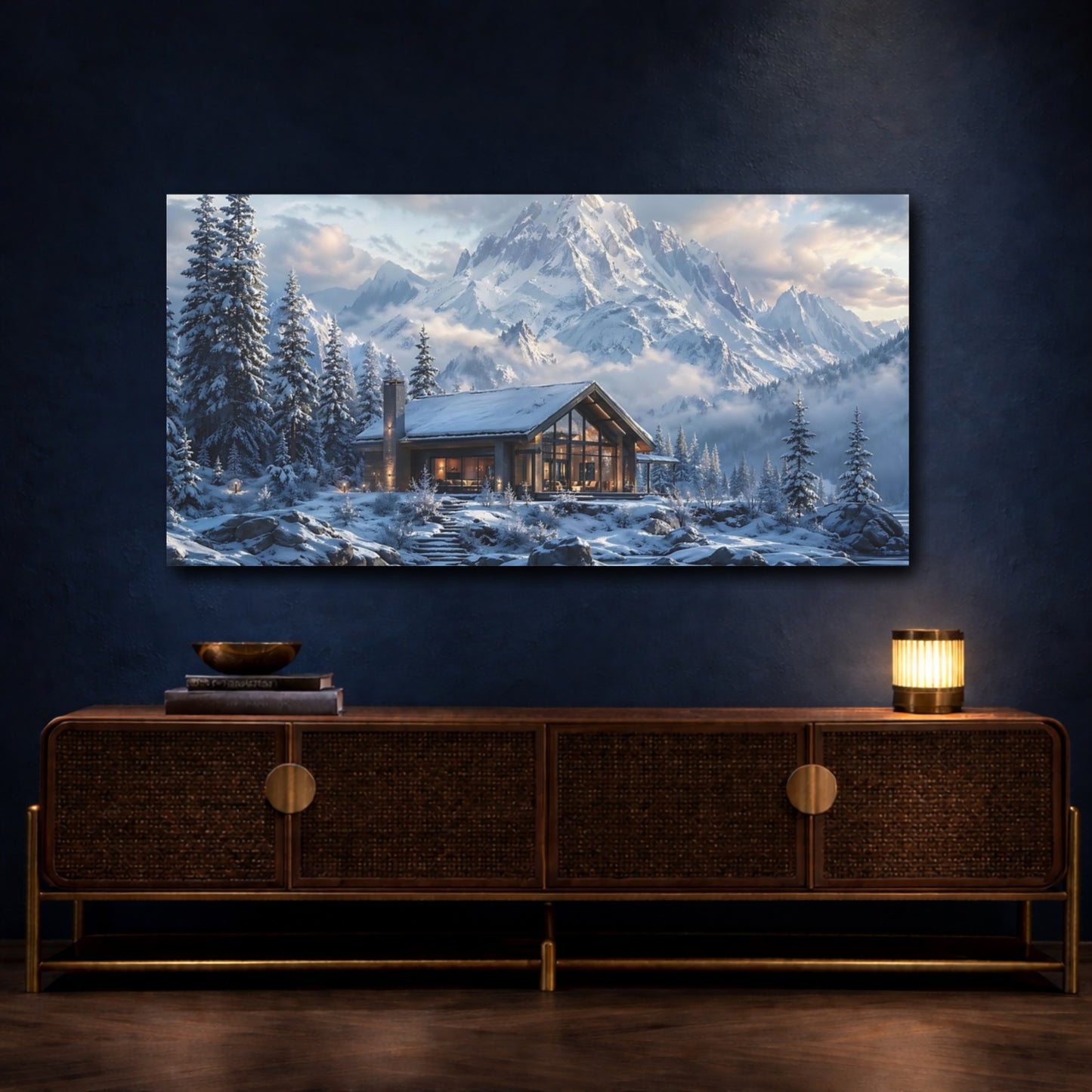 Mockup 4. Nature Winter Cabin Blue And White Landscape shown as stretched canvas wall art