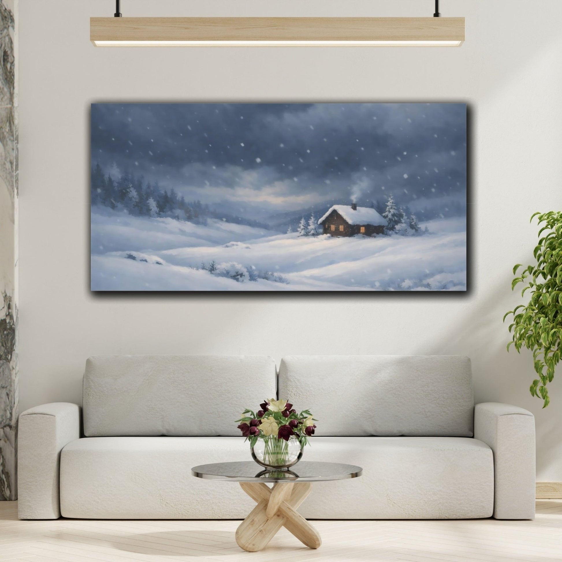Nature Winter Cabin Blue Scene - Canvas Wall Art Print - YesArtYes