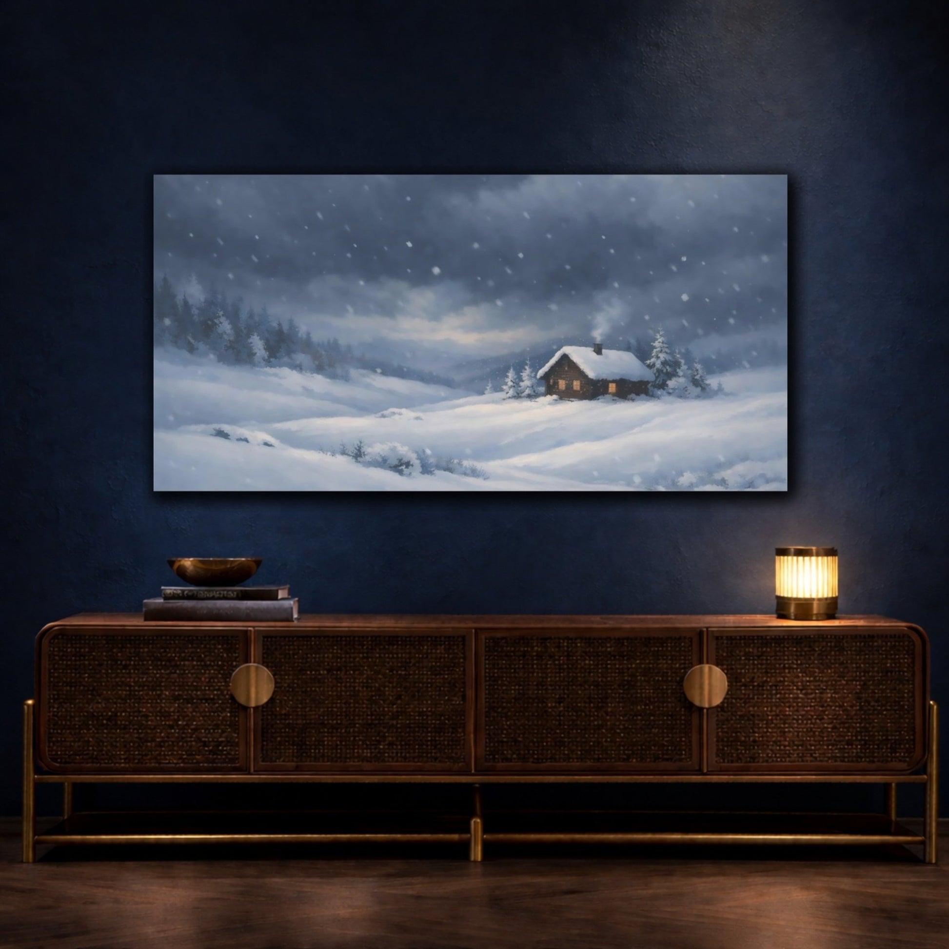 Nature Winter Cabin Blue Scene - Canvas Wall Art Print - YesArtYes
