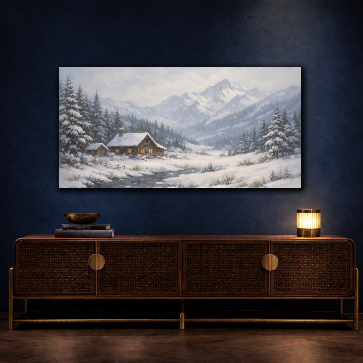 Nature Winter Cabin Blue White - Canvas Wall Art Print - YesArtYes