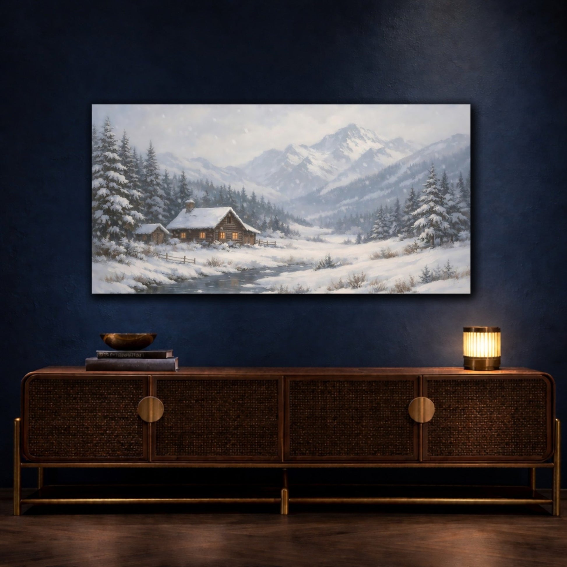 Nature Winter Cabin Blue White - Canvas Wall Art Print - YesArtYes