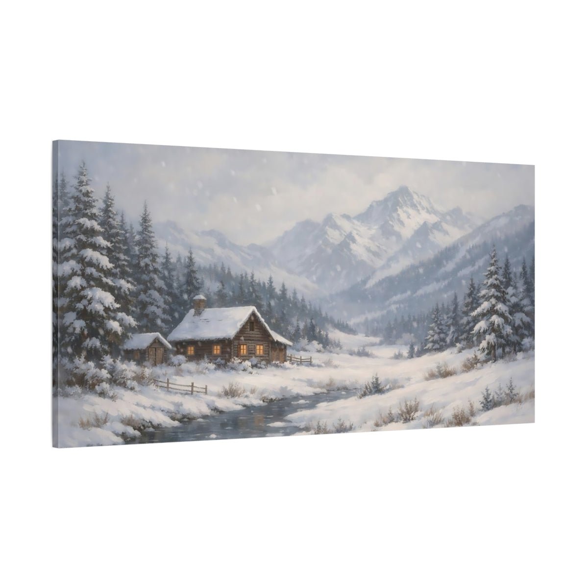 Nature Winter Cabin Blue White - Canvas Wall Art Print - YesArtYes
