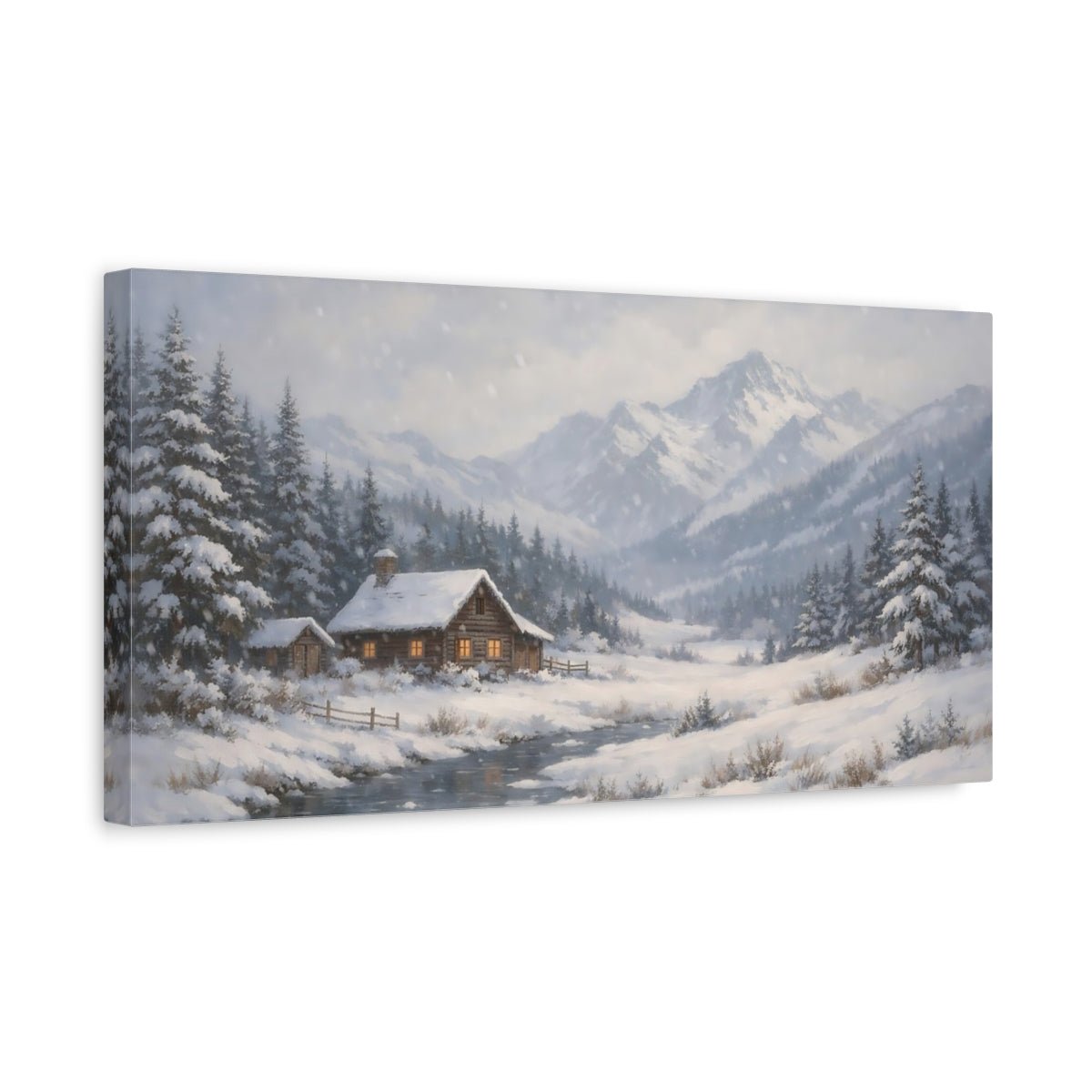 Nature Winter Cabin Blue White - Canvas Wall Art Print - YesArtYes