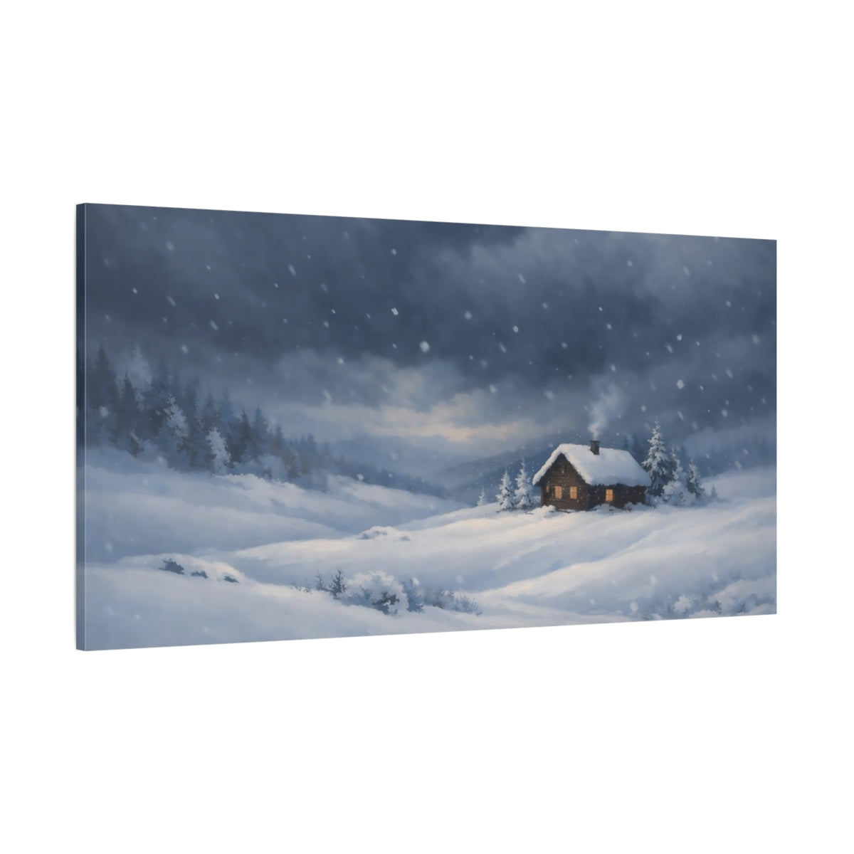 Main Mockup. Nature Winter Cabin Blue Winter Scene shown as stretched canvas wall art