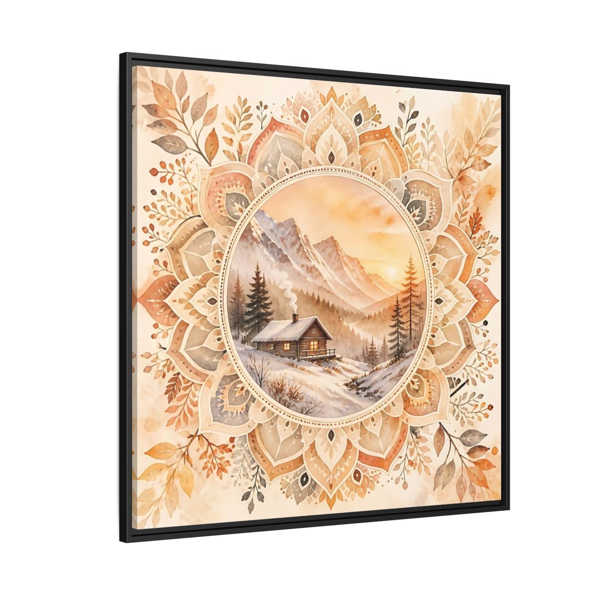 Nature Winter Cabin Brown And Orange Framed Canvas Print Wall Art – Living Room Decor, Above Sofa - YesArtYes