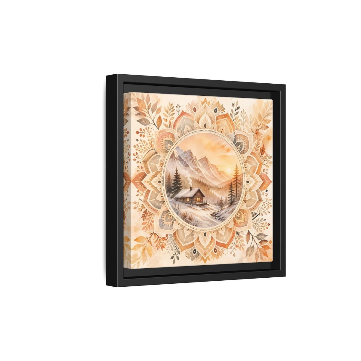 Nature Winter Cabin Brown And Orange Framed Canvas Print Wall Art – Living Room Decor, Above Sofa - YesArtYes