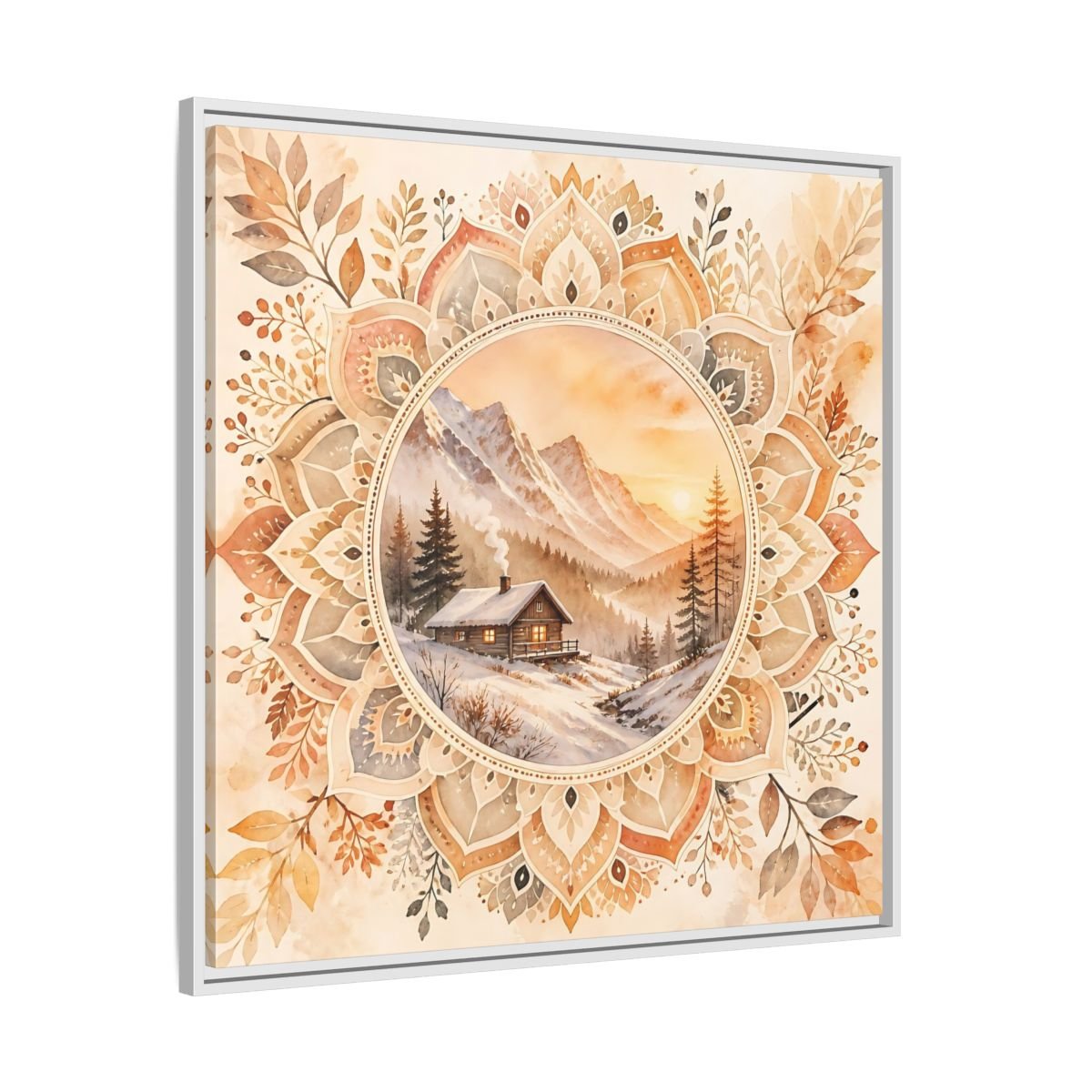 Nature Winter Cabin Brown And Orange Framed Canvas Print Wall Art – Living Room Decor, Above Sofa - YesArtYes