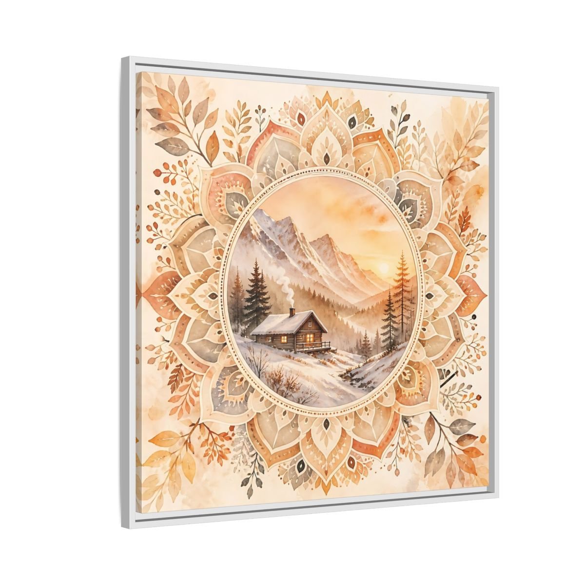 Nature Winter Cabin Brown And Orange Framed Canvas Print Wall Art – Living Room Decor, Above Sofa - YesArtYes