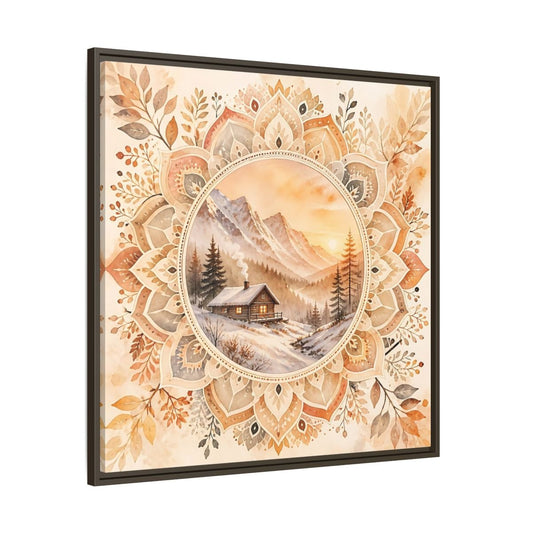 Nature Winter Cabin Brown And Orange Framed Canvas Print Wall Art – Living Room Decor, Above Sofa - YesArtYes