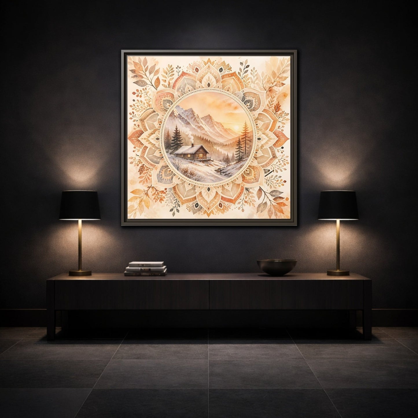 Nature Winter Cabin Brown And Orange Framed Canvas Print Wall Art – Living Room Decor, Above Sofa - YesArtYes