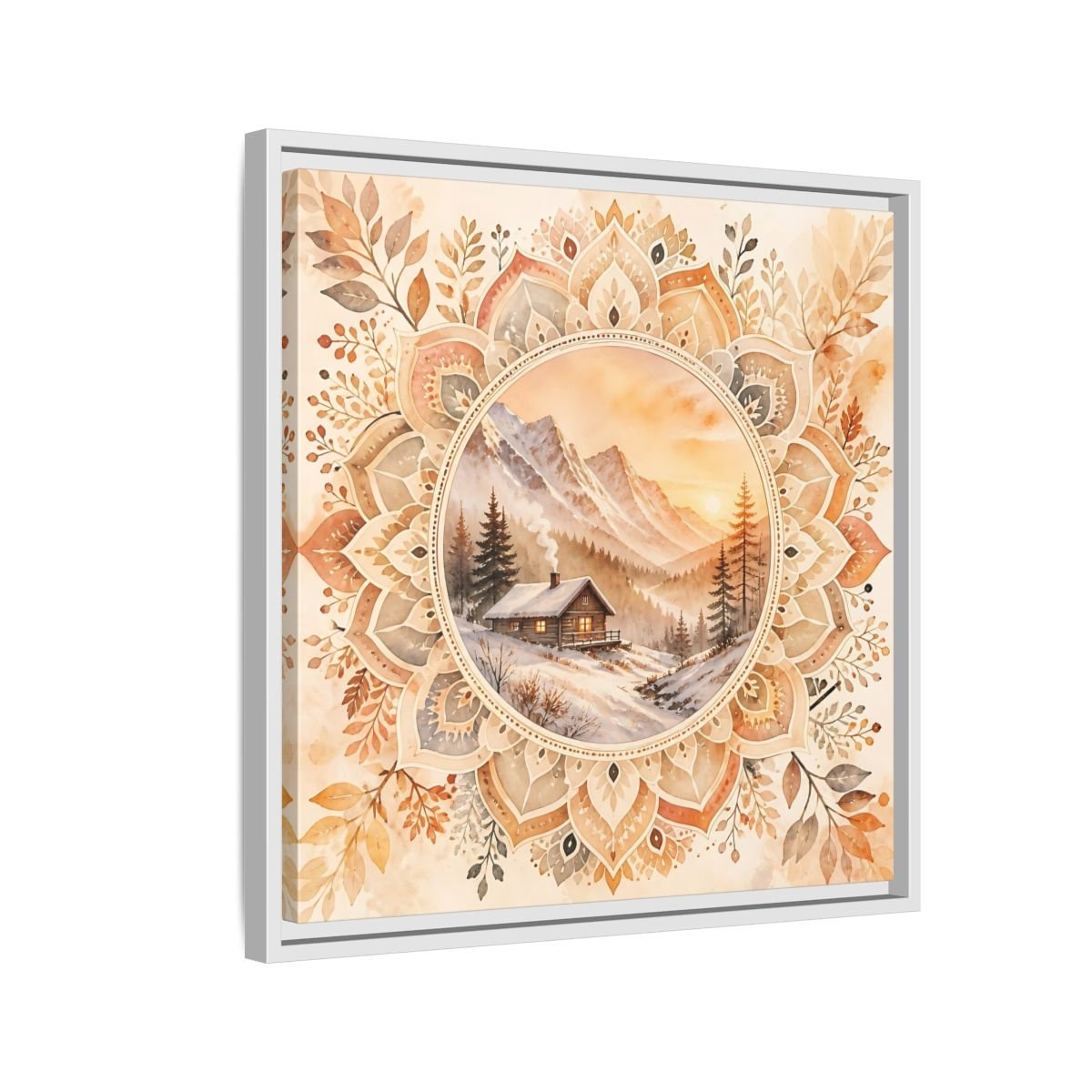 Nature Winter Cabin Brown And Orange Framed Canvas Print Wall Art – Living Room Decor, Above Sofa - YesArtYes