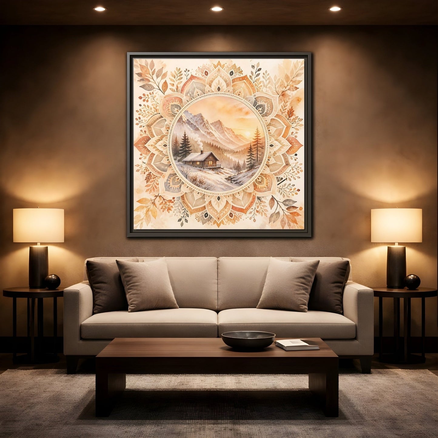 Nature Winter Cabin Brown And Orange Framed Canvas Print Wall Art – Living Room Decor, Above Sofa - YesArtYes