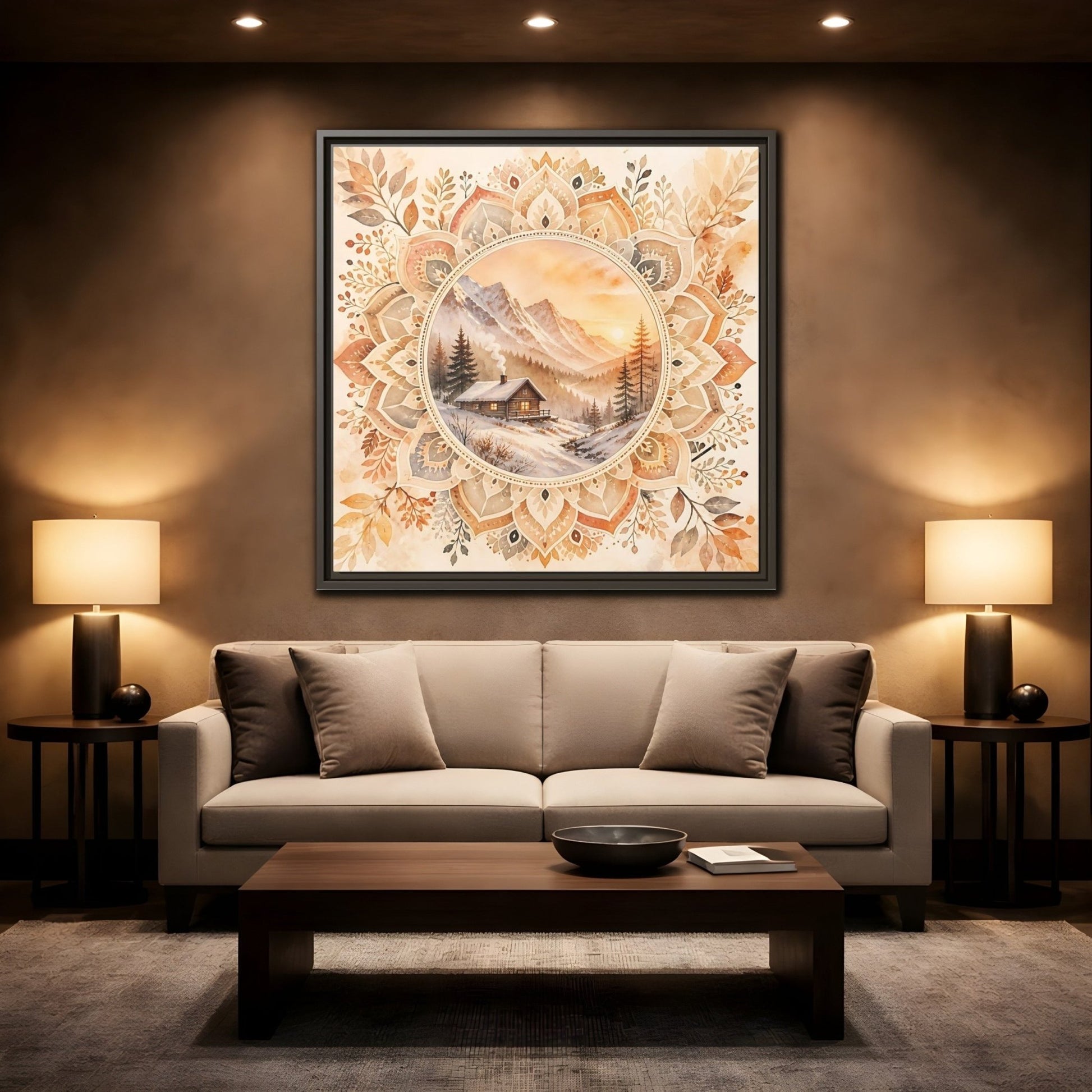 Nature Winter Cabin Brown And Orange Framed Canvas Print Wall Art – Living Room Decor, Above Sofa - YesArtYes