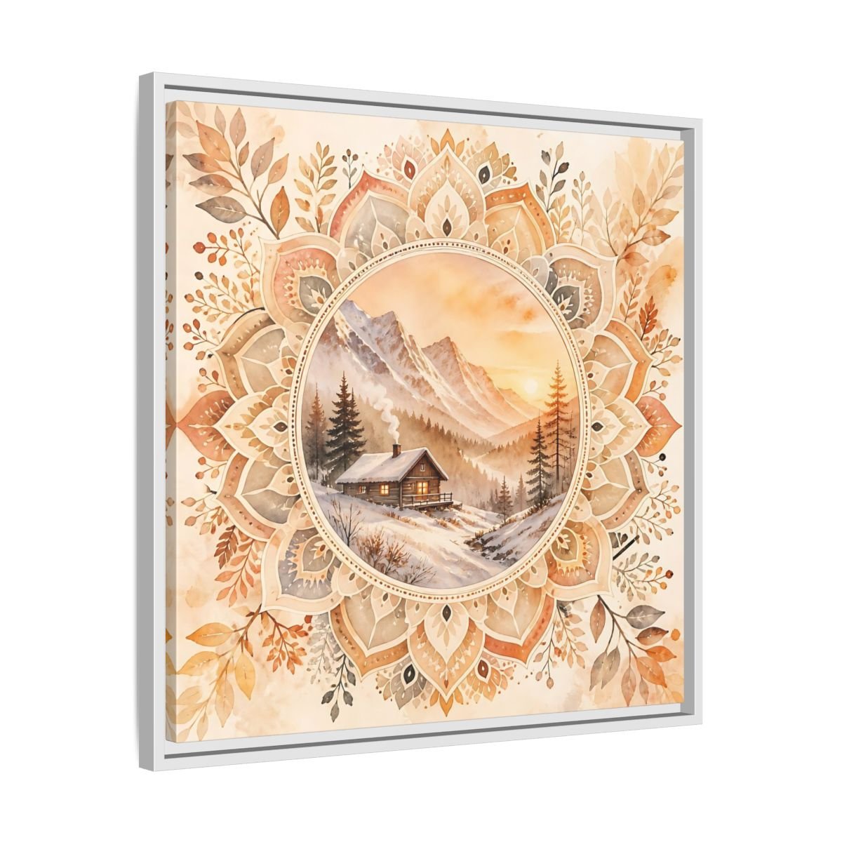 Nature Winter Cabin Brown And Orange Framed Canvas Print Wall Art – Living Room Decor, Above Sofa - YesArtYes