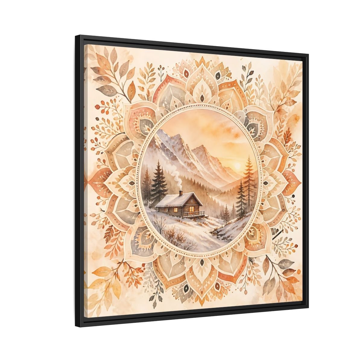 Nature Winter Cabin Brown And Orange Framed Canvas Print Wall Art – Living Room Decor, Above Sofa - YesArtYes