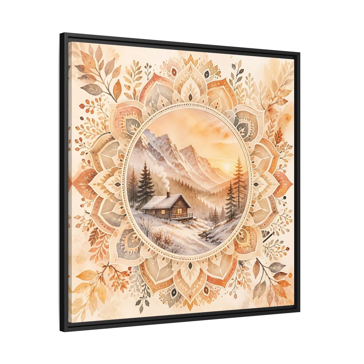 Nature Winter Cabin Brown And Orange Framed Canvas Print Wall Art – Living Room Decor, Above Sofa - YesArtYes