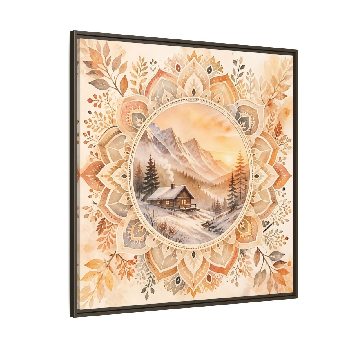 Nature Winter Cabin Brown And Orange Framed Canvas Print Wall Art – Living Room Decor, Above Sofa - YesArtYes