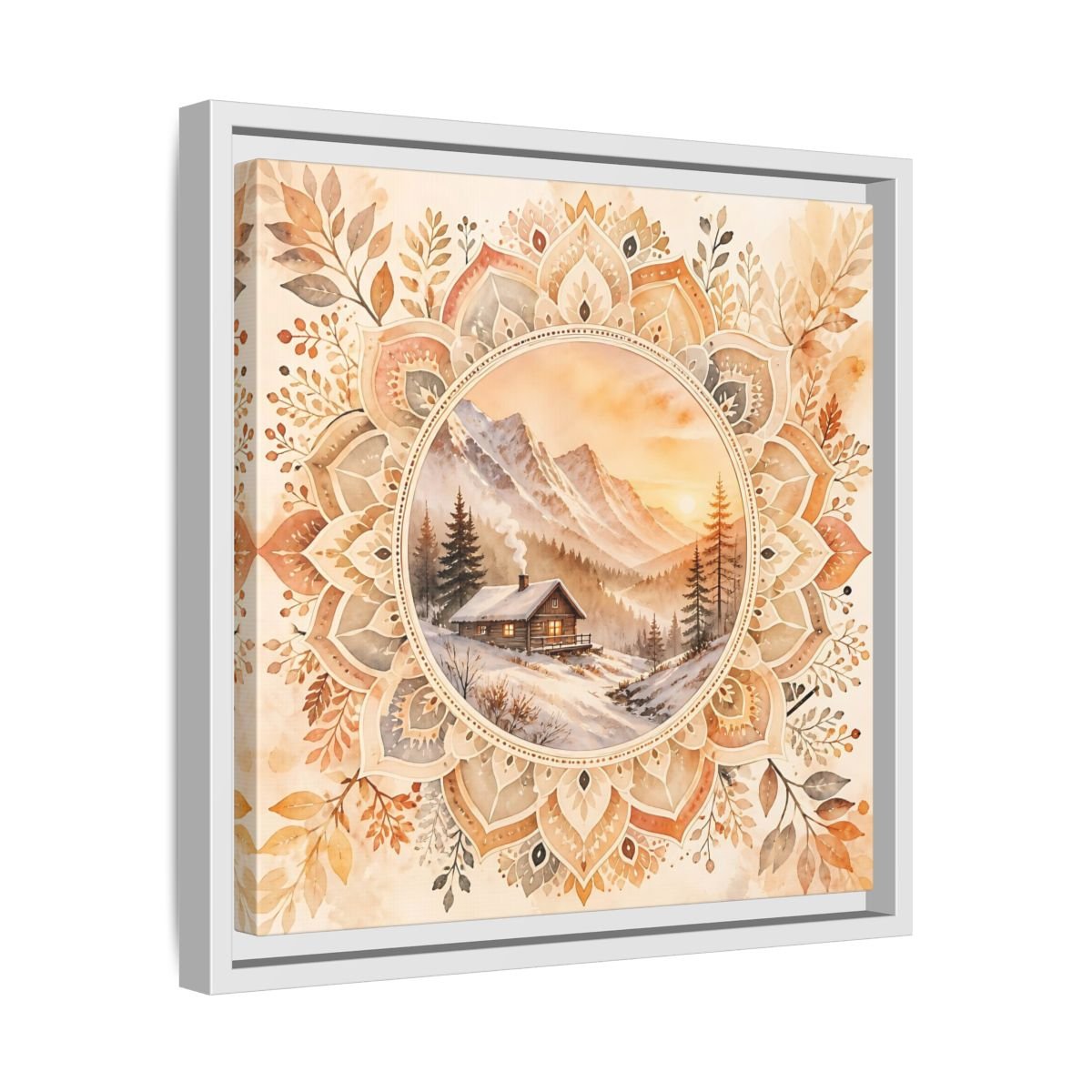 Nature Winter Cabin Brown And Orange Framed Canvas Print Wall Art – Living Room Decor, Above Sofa - YesArtYes