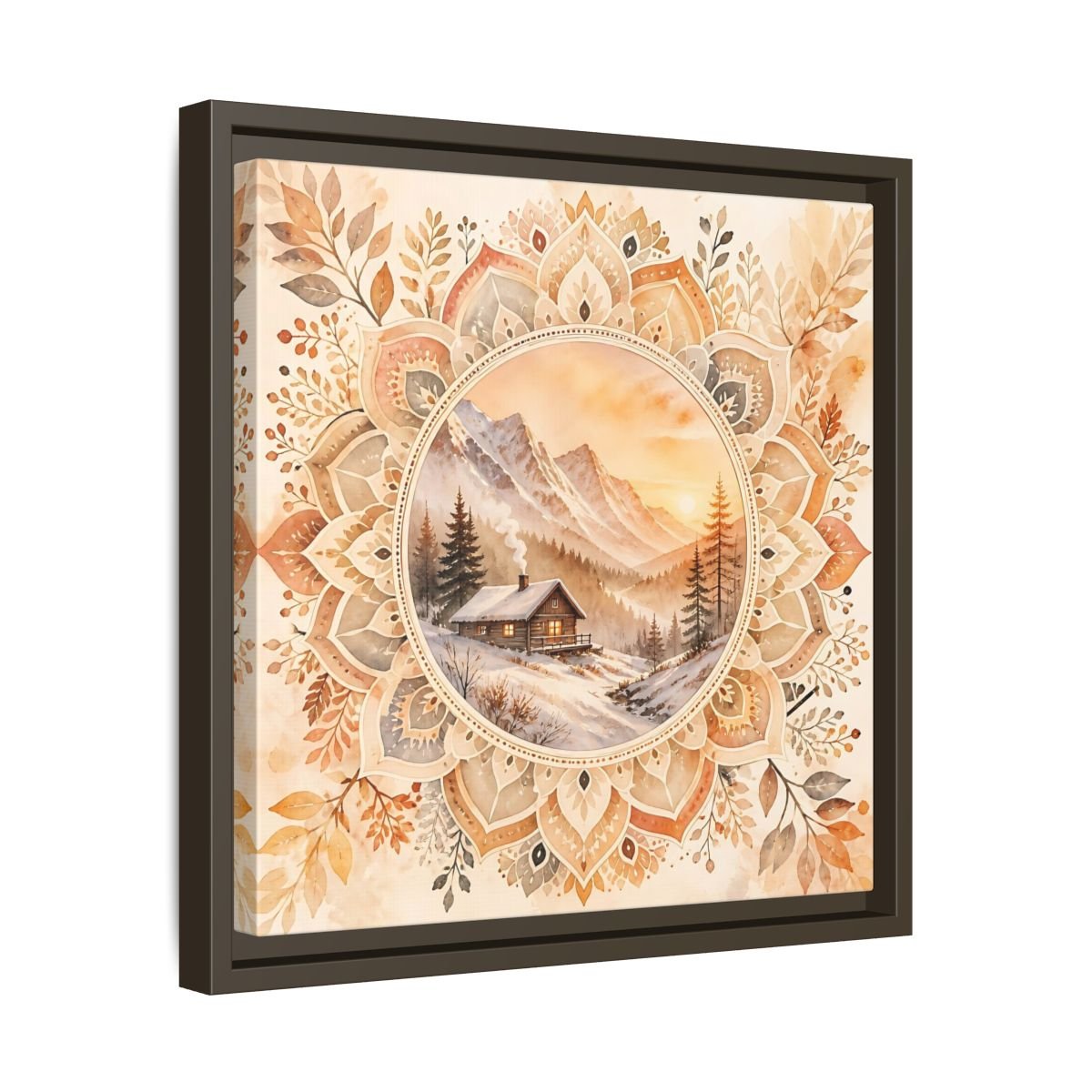 Nature Winter Cabin Brown And Orange Framed Canvas Print Wall Art – Living Room Decor, Above Sofa - YesArtYes