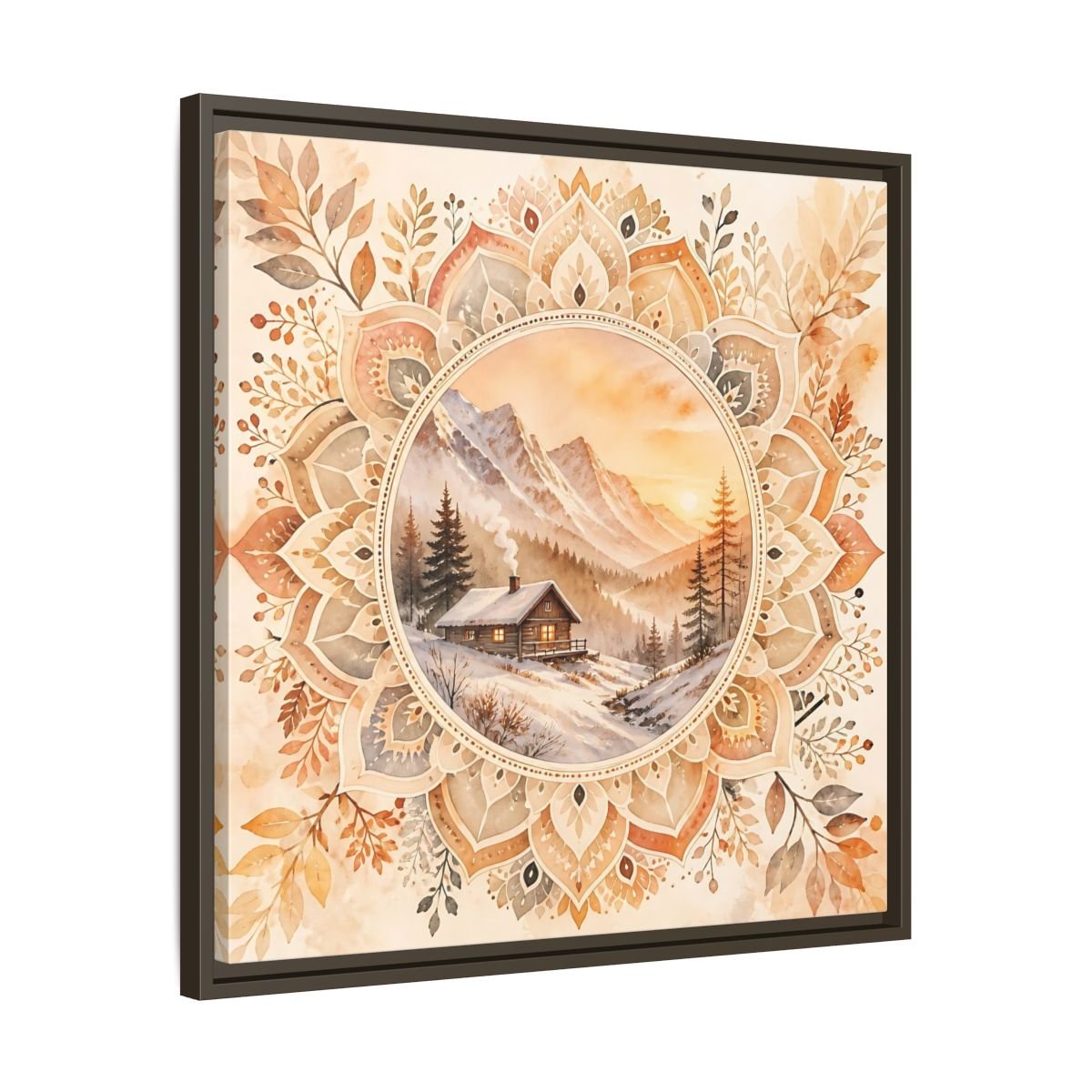 Nature Winter Cabin Brown And Orange Framed Canvas Print Wall Art – Living Room Decor, Above Sofa - YesArtYes