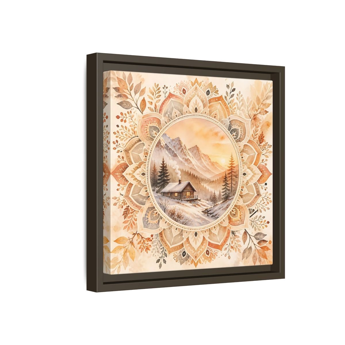 Nature Winter Cabin Brown And Orange Framed Canvas Print Wall Art – Living Room Decor, Above Sofa - YesArtYes