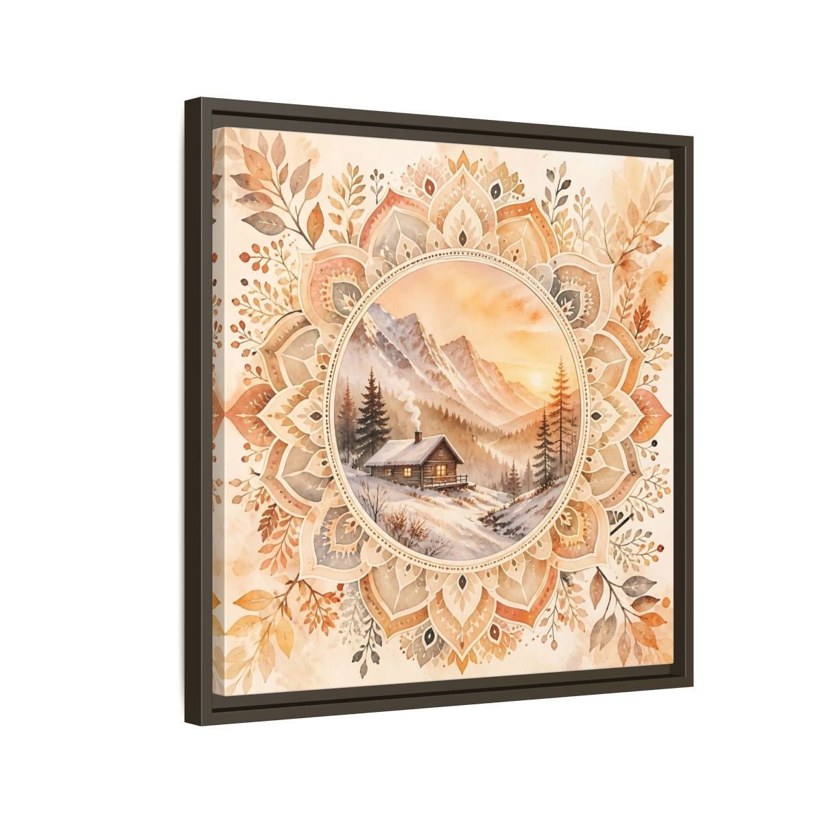 Nature Winter Cabin Brown And Orange Framed Canvas Print Wall Art – Living Room Decor, Above Sofa - YesArtYes