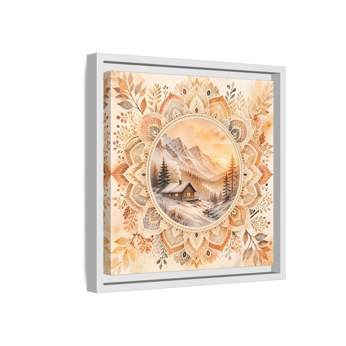 Nature Winter Cabin Brown And Orange Framed Canvas Print Wall Art – Living Room Decor, Above Sofa - YesArtYes