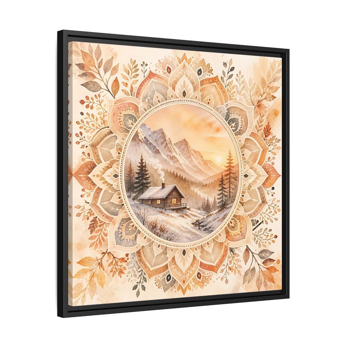 Nature Winter Cabin Brown And Orange Framed Canvas Print Wall Art – Living Room Decor, Above Sofa - YesArtYes